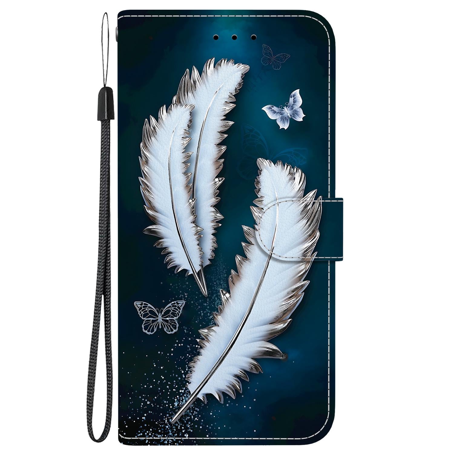 For Redmi 14C 4G Crystal Texture Colored Drawing Leather Phone Case(White Butterfly Feathers)