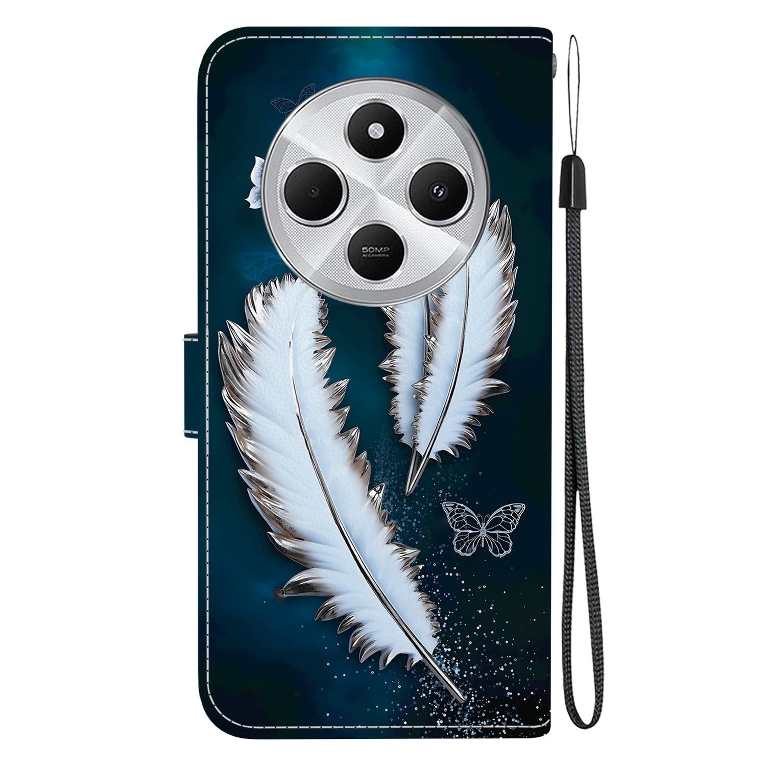 For Redmi 14C 4G Crystal Texture Colored Drawing Leather Phone Case(White Butterfly Feathers)