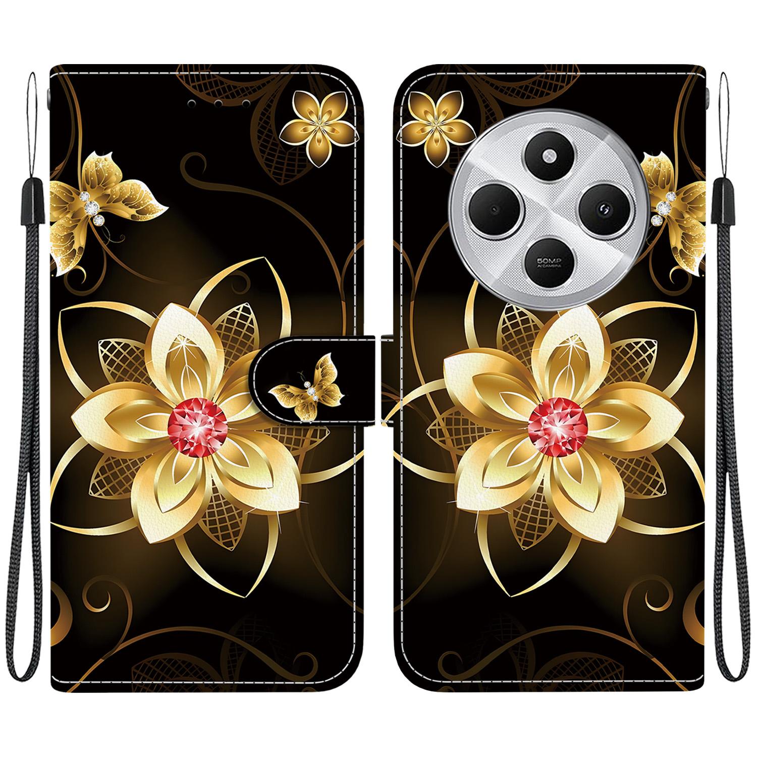 For Redmi 14C 4G Crystal Texture Colored Drawing Leather Phone Case(Gold Flower)