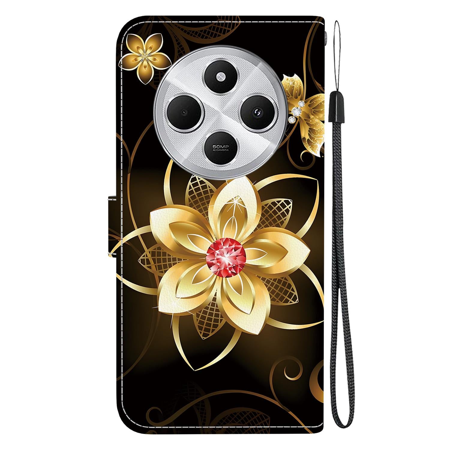 For Redmi 14C 4G Crystal Texture Colored Drawing Leather Phone Case(Gold Flower)