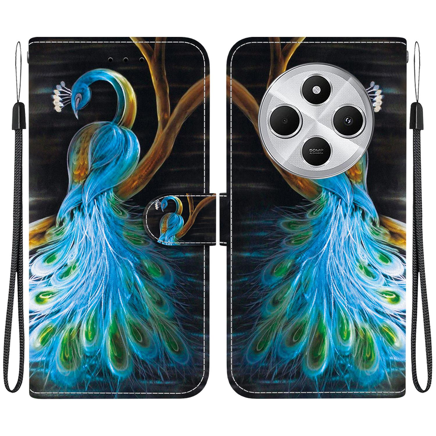 For Redmi 14C 4G Crystal Texture Colored Drawing Leather Phone Case(Peacock)