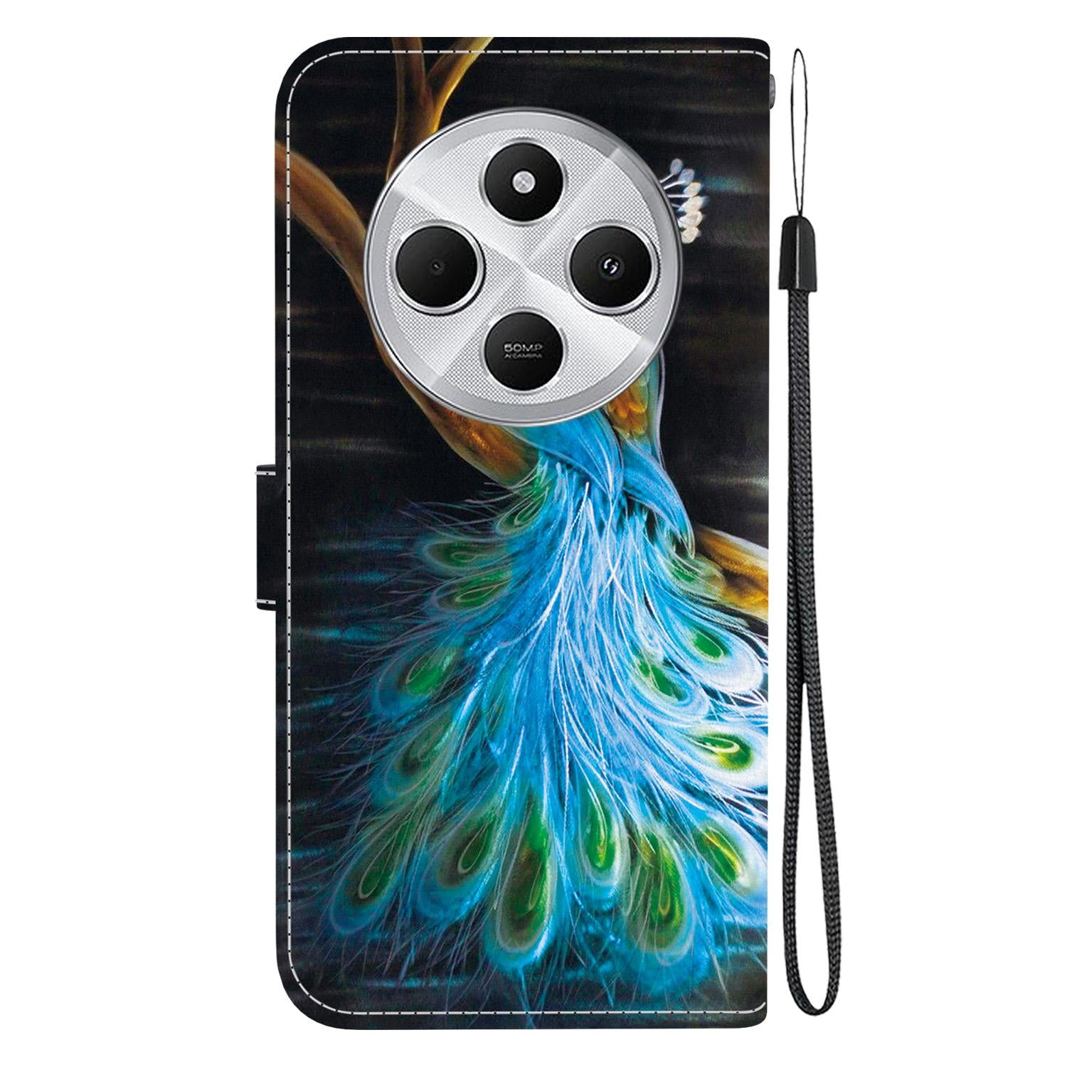 For Redmi 14C 4G Crystal Texture Colored Drawing Leather Phone Case(Peacock)