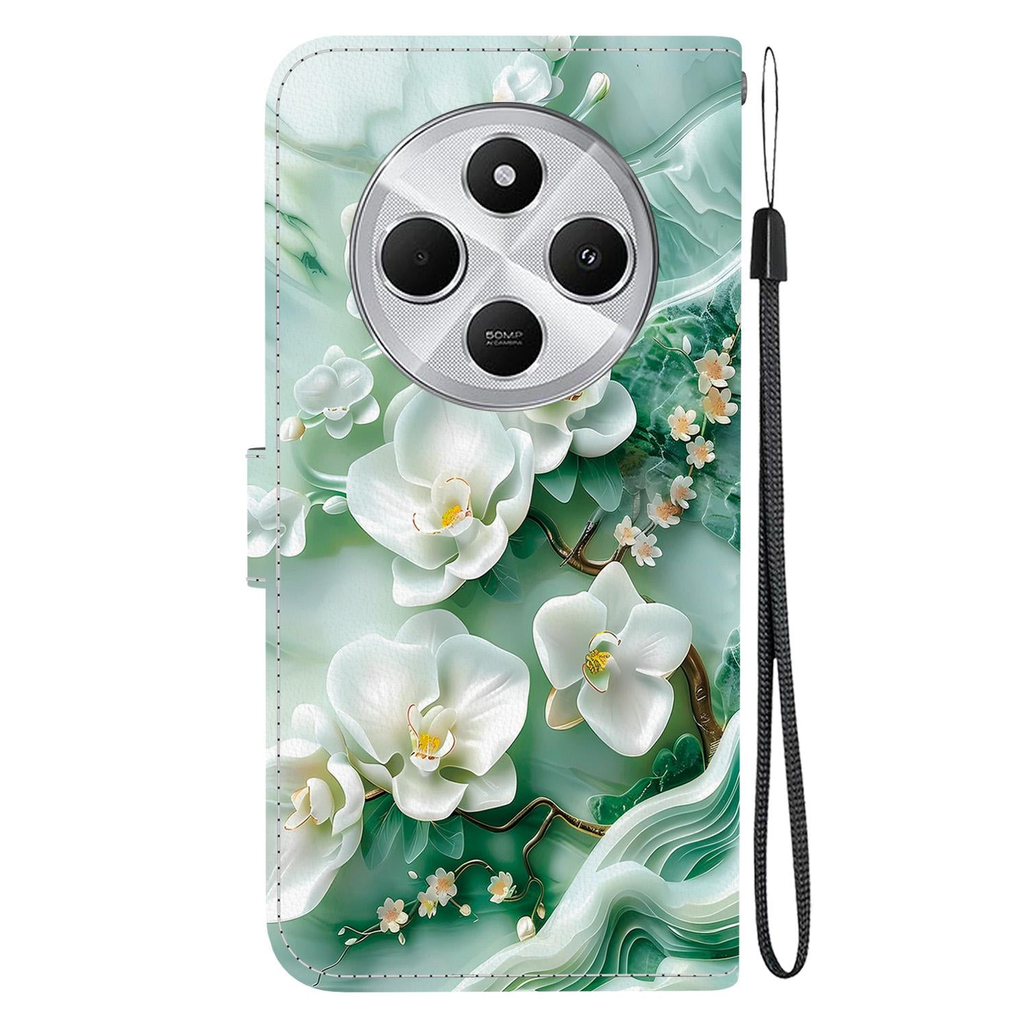 For Redmi 14C 4G Crystal Texture Colored Drawing Leather Phone Case(Jade Flowers)