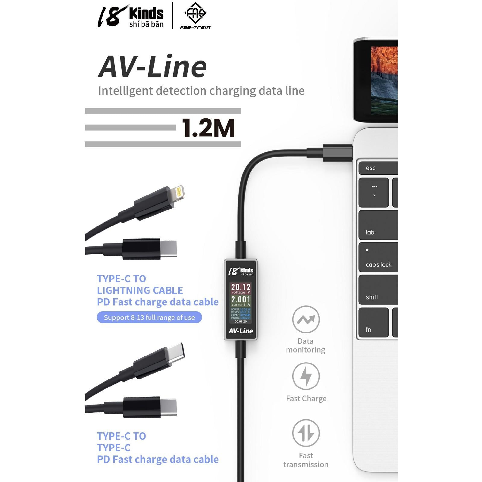 18 Kinds AV-Line Pro 1.2m Intelligent Detection Charging Data Cable, Interface:Type-C to Type-C