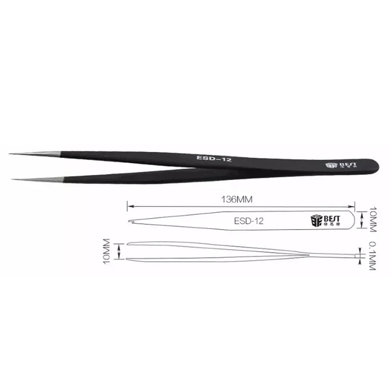 BST-12 Precision Anti-static ESD Stainless Steel Tweezers