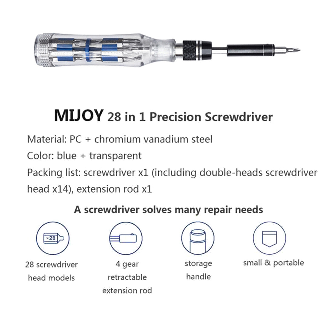 For MIJOY 28 in 1 Mini Precision Screwdriver 4 Gears Retractable Transparent Screw Screwdriver Repair Tool