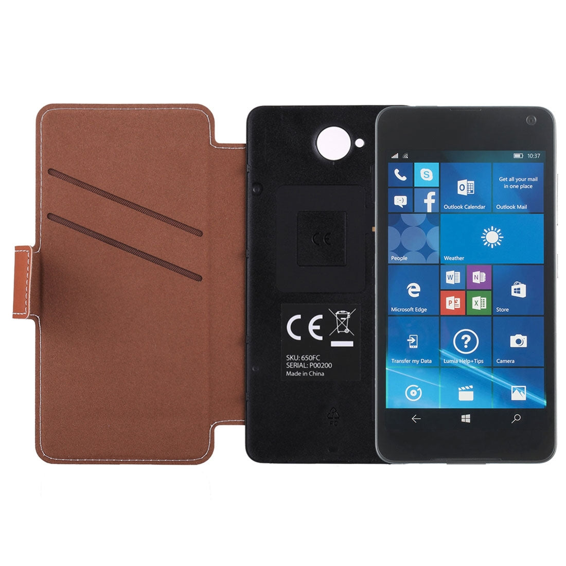 For MicroLumia 650 Horizontal Flip Leather Case with Card Slot + Back Cover with NFC Sticker Brown