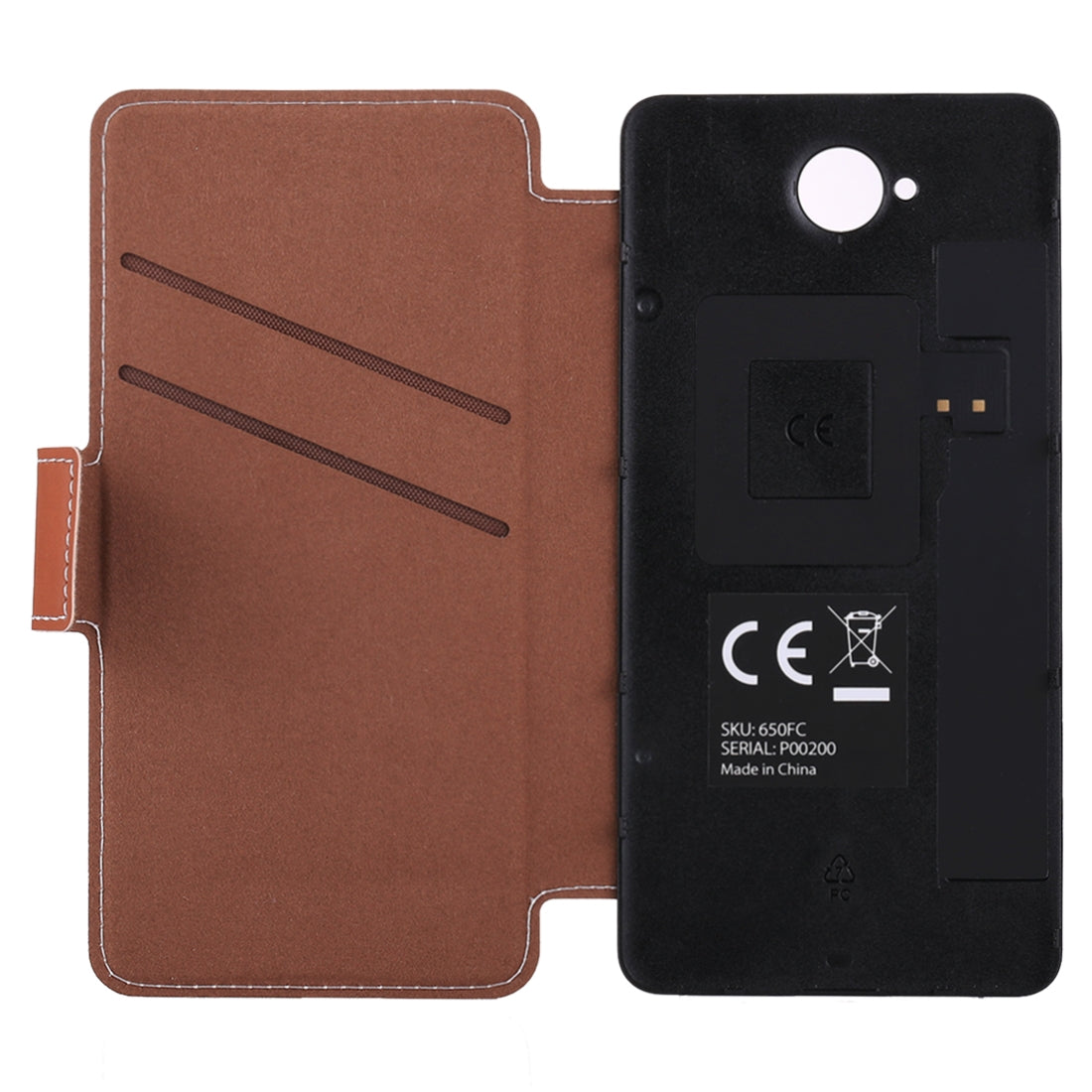 For MicroLumia 650 Horizontal Flip Leather Case with Card Slot + Back Cover with NFC Sticker Brown