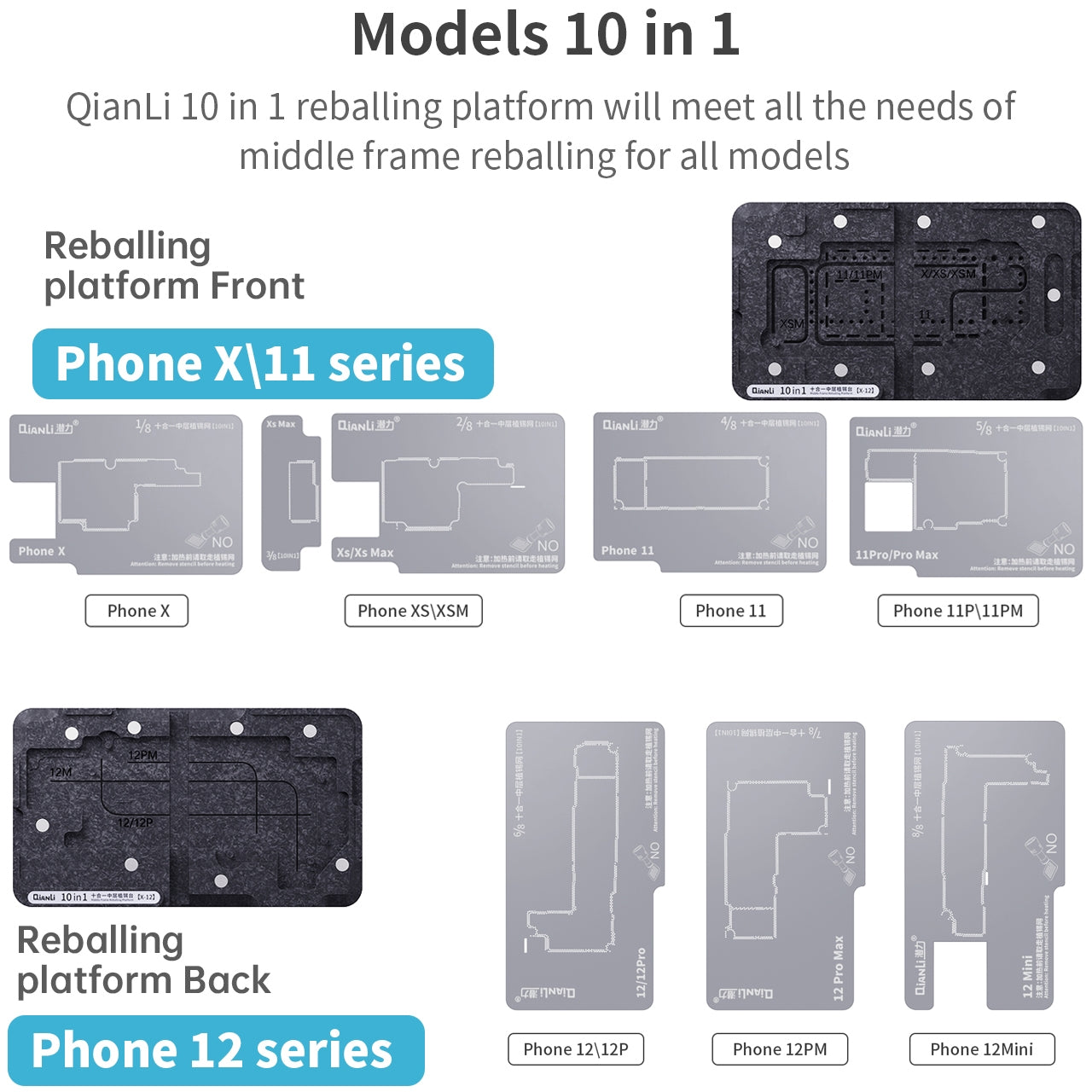 10 in 1 Middle Frame Reballing Platform For iPhone X / XS / XS Max / 11 / 11 Pro / 11 Pro Max / 12 / 12 Pro / 12 mini / 12 Pro Max