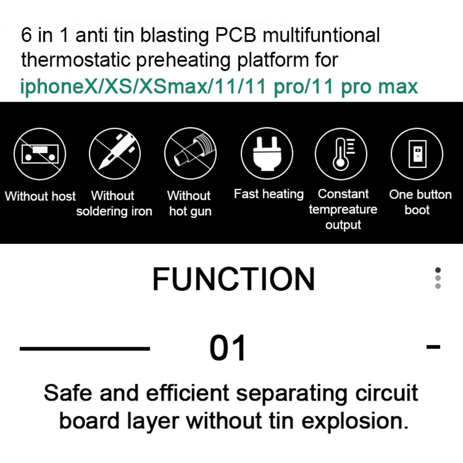 BA-676 110V-120V Multifuntional PCB IC Glue Remove Thermostatic Heating Platform for iPhone X / XS / XS Max / 11 / 11 Pro / 11 Pro Max, CN Plug