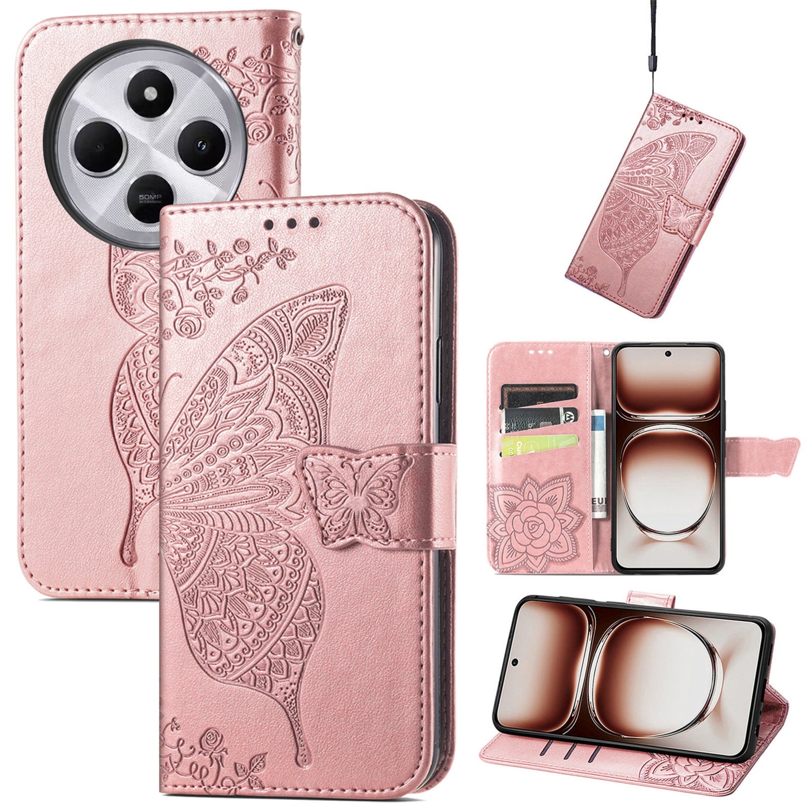 For Xiaomi  Redmi 14C Butterfly Love Flower Embossed Leather Phone Case(Rose Gold)