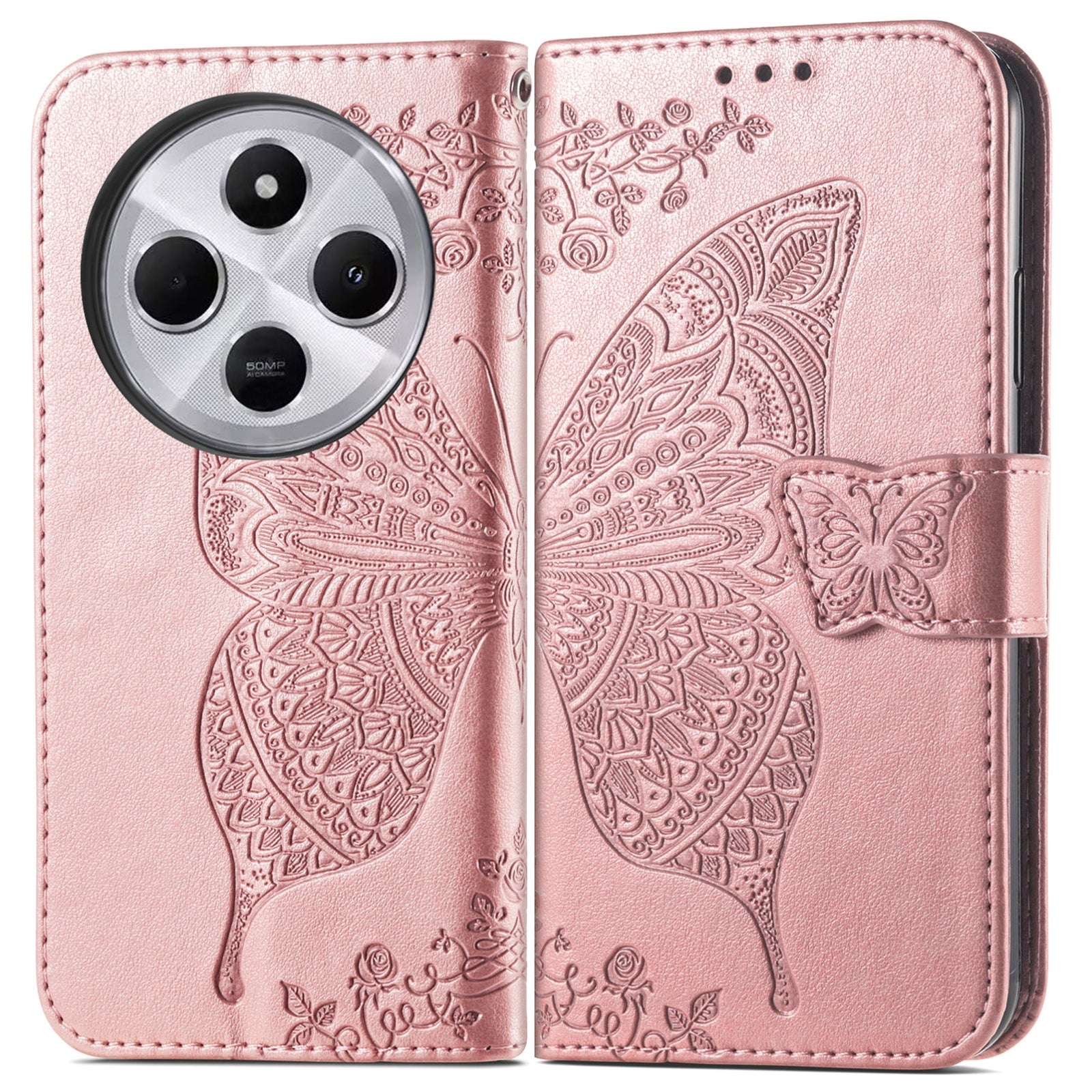 For Xiaomi  Redmi 14C Butterfly Love Flower Embossed Leather Phone Case(Rose Gold)