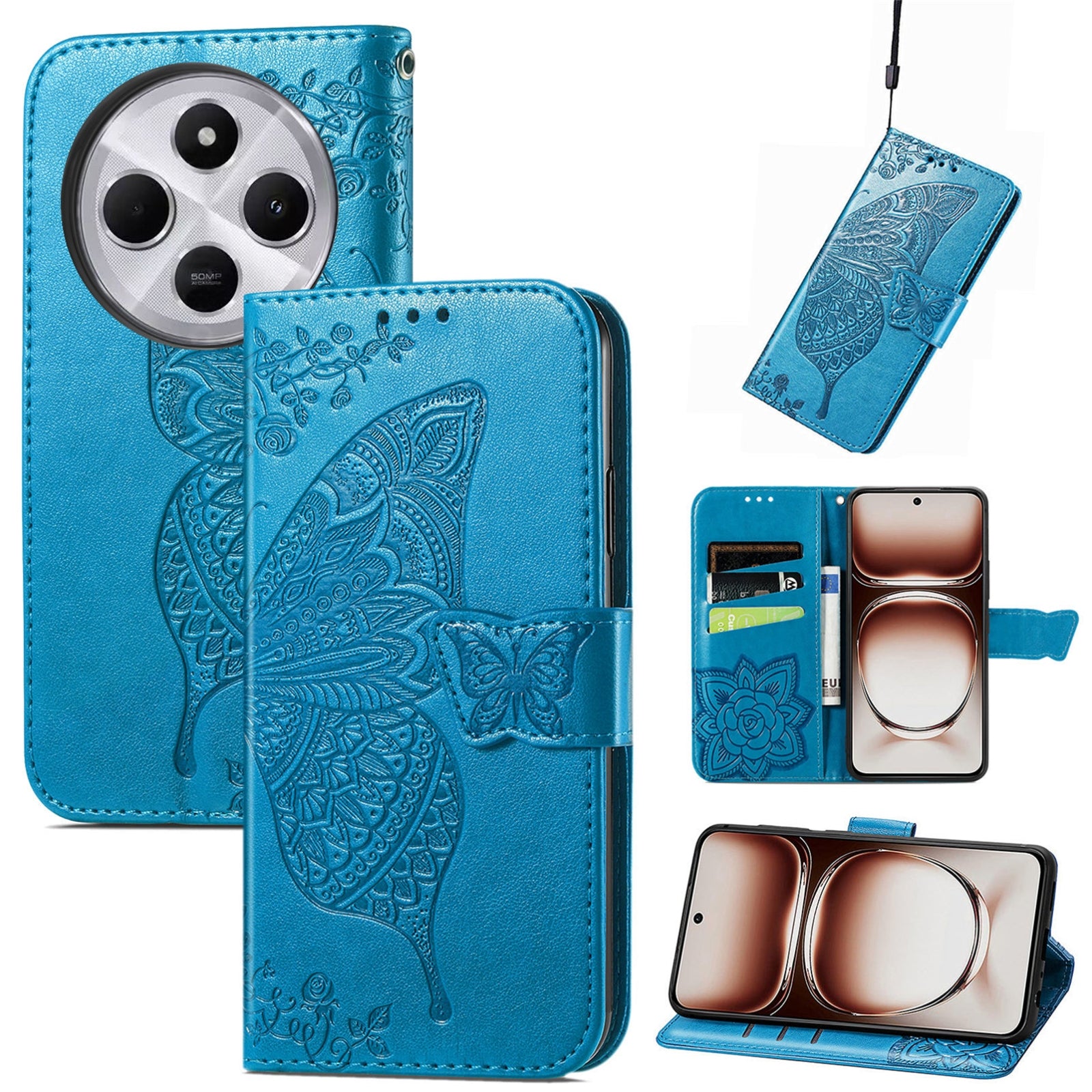 For Xiaomi  Redmi 14C Butterfly Love Flower Embossed Leather Phone Case(Blue)