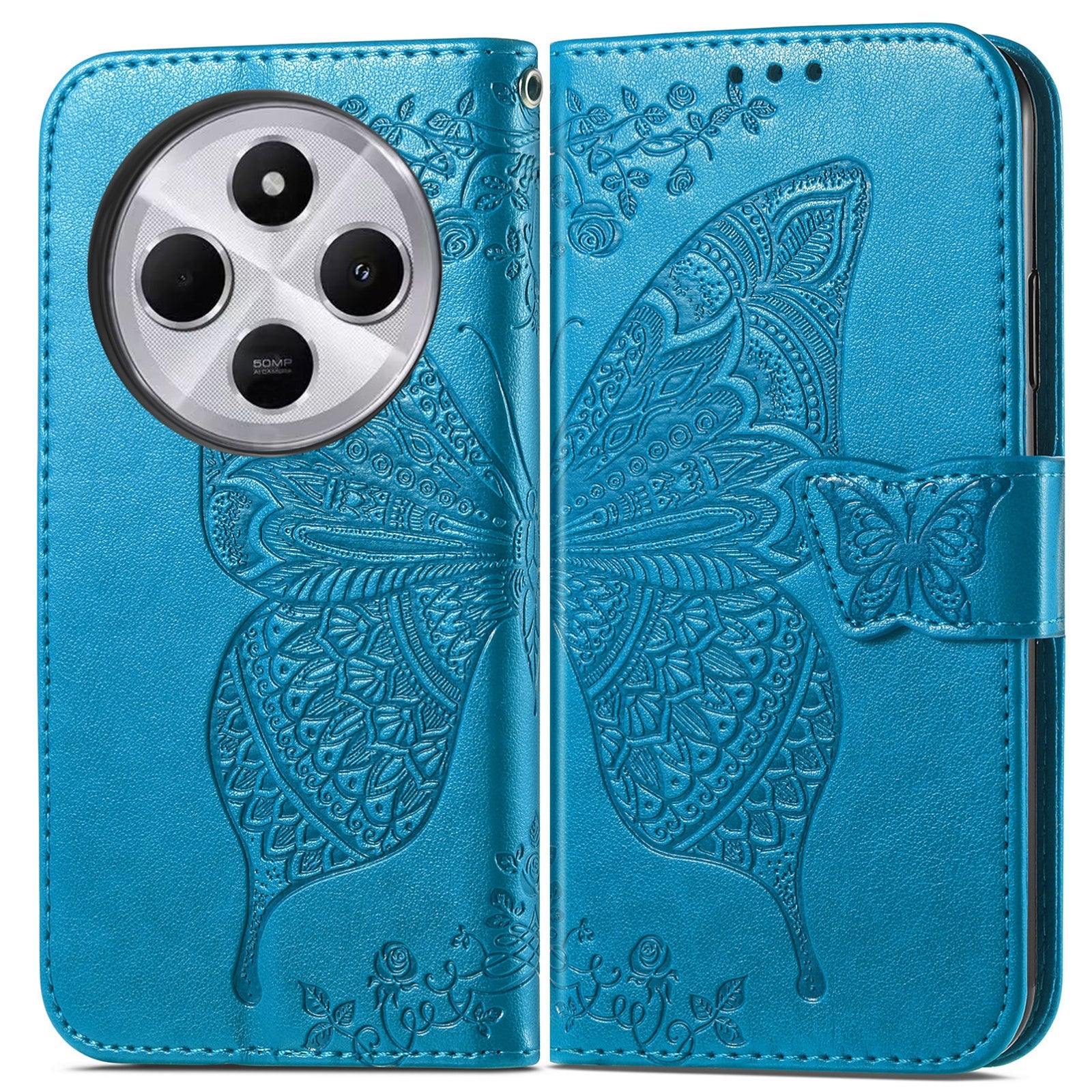 For Xiaomi  Redmi 14C Butterfly Love Flower Embossed Leather Phone Case(Blue)