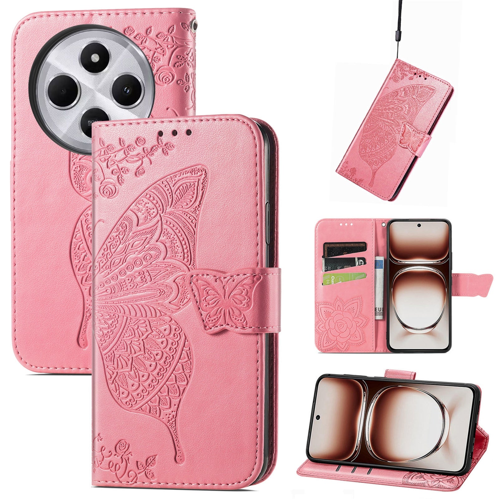 For Xiaomi  Redmi 14C Butterfly Love Flower Embossed Leather Phone Case(Pink)