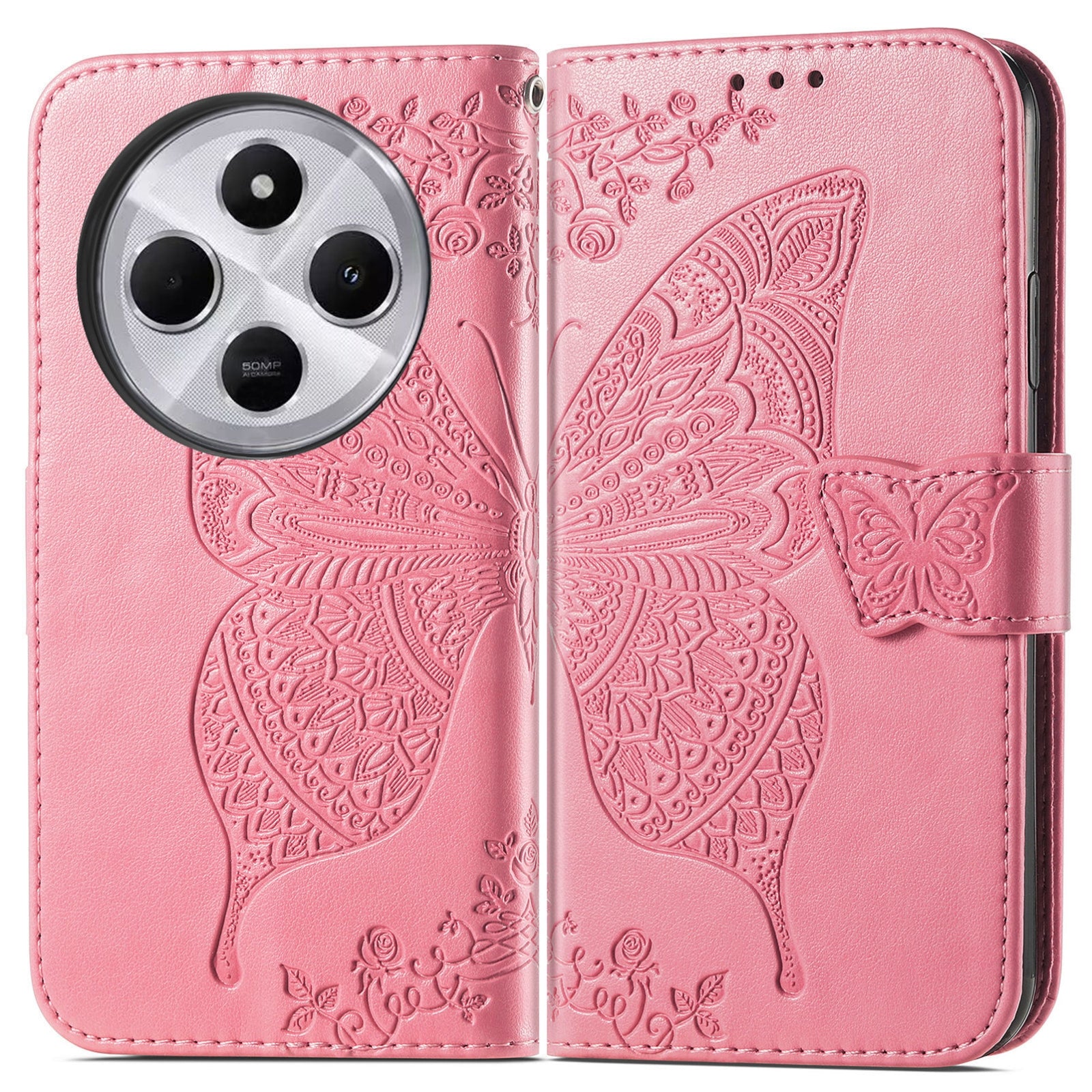 For Xiaomi  Redmi 14C Butterfly Love Flower Embossed Leather Phone Case(Pink)