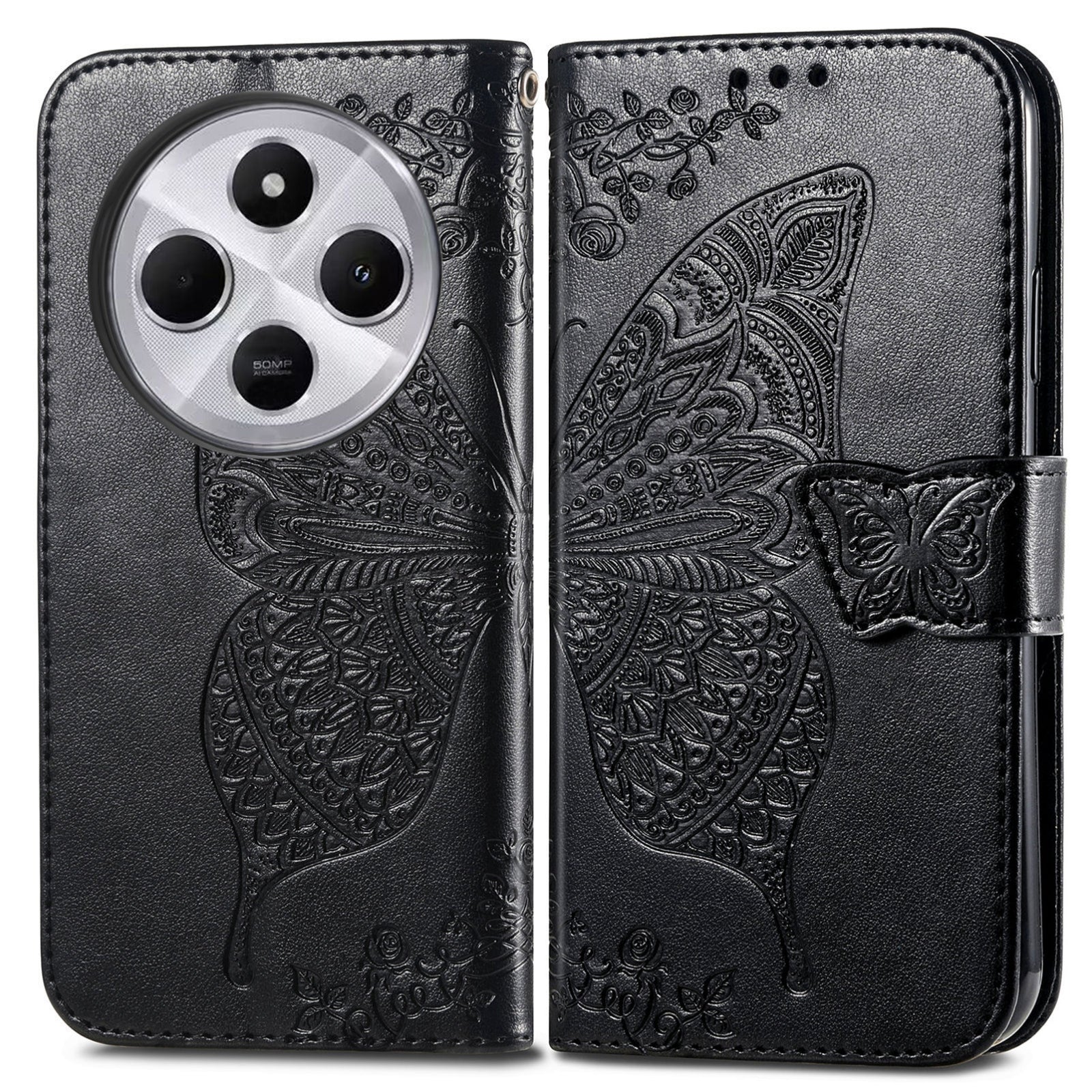 For Xiaomi  Redmi 14C Butterfly Love Flower Embossed Leather Phone Case(Black)