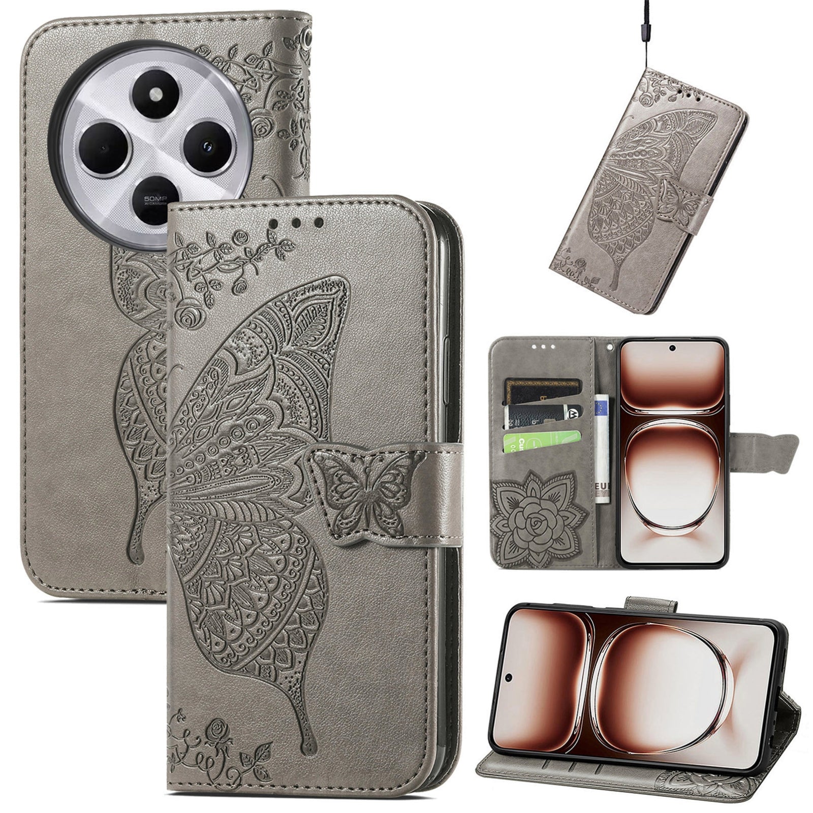 For Xiaomi  Redmi 14C Butterfly Love Flower Embossed Leather Phone Case(Grey)