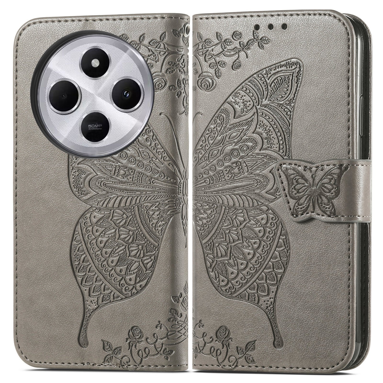 For Xiaomi  Redmi 14C Butterfly Love Flower Embossed Leather Phone Case(Grey)