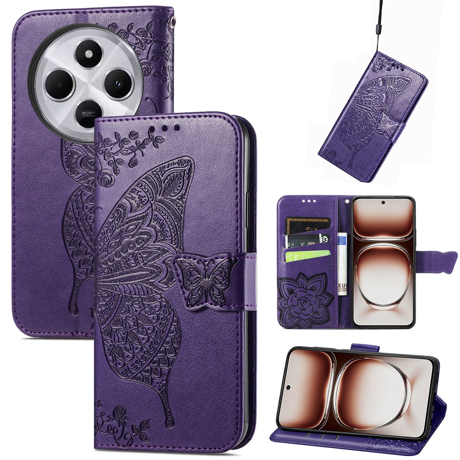 For Xiaomi  Redmi 14C Butterfly Love Flower Embossed Leather Phone Case(Dark Purple)