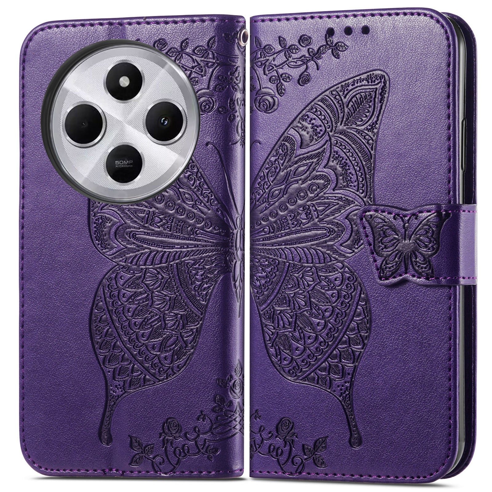 For Xiaomi  Redmi 14C Butterfly Love Flower Embossed Leather Phone Case(Dark Purple)