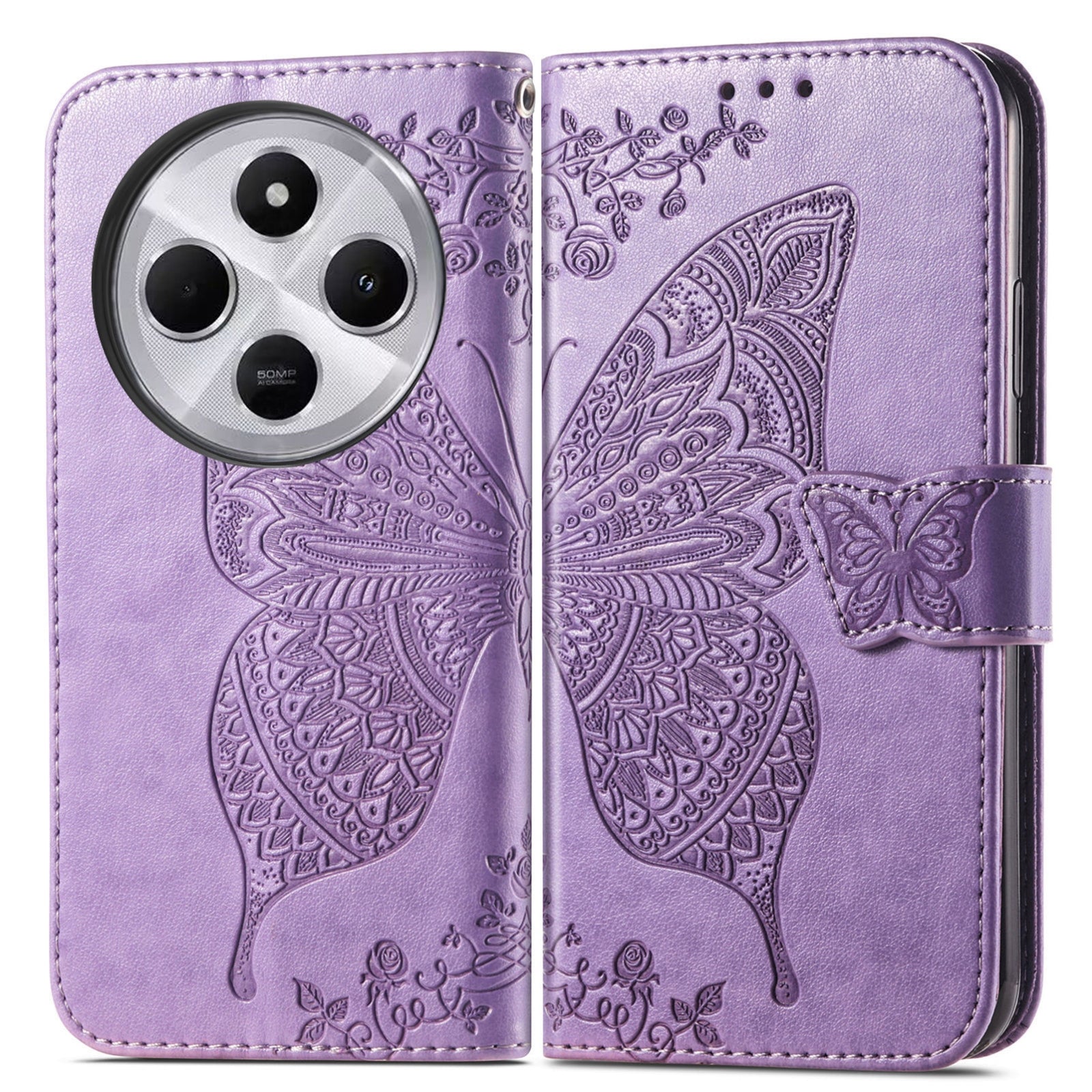 For Xiaomi  Redmi 14C Butterfly Love Flower Embossed Leather Phone Case(Purple)