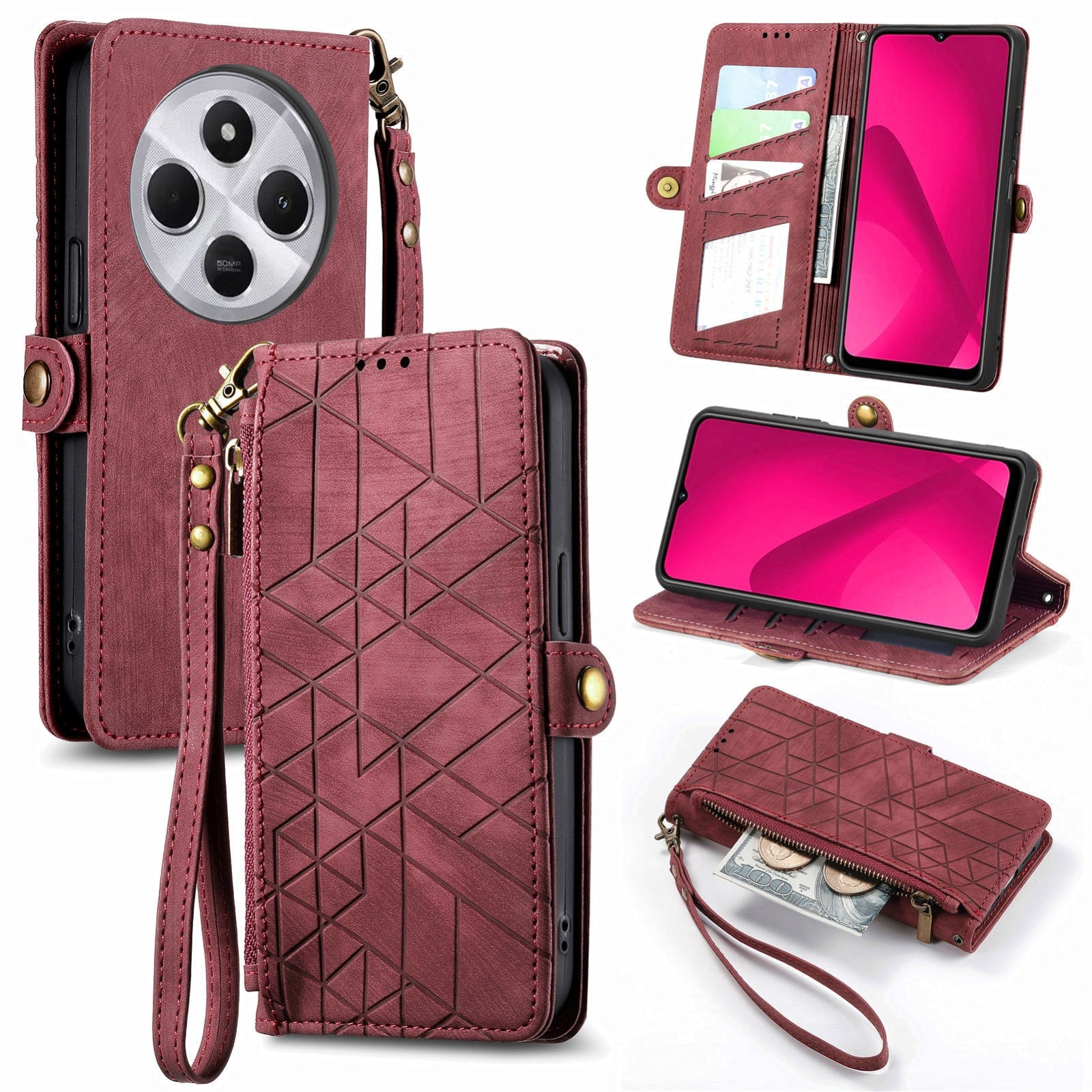 For Xiaomi Redmi 14C Geometric Zipper Wallet Side Buckle Leather Phone Case(Red)