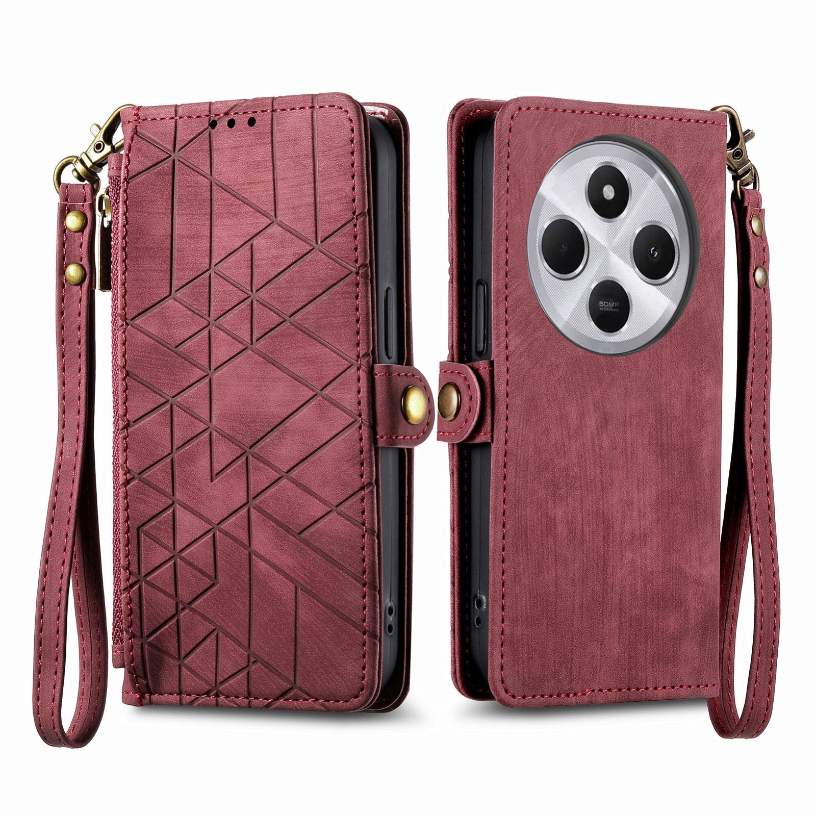 For Xiaomi Redmi 14C Geometric Zipper Wallet Side Buckle Leather Phone Case(Red)