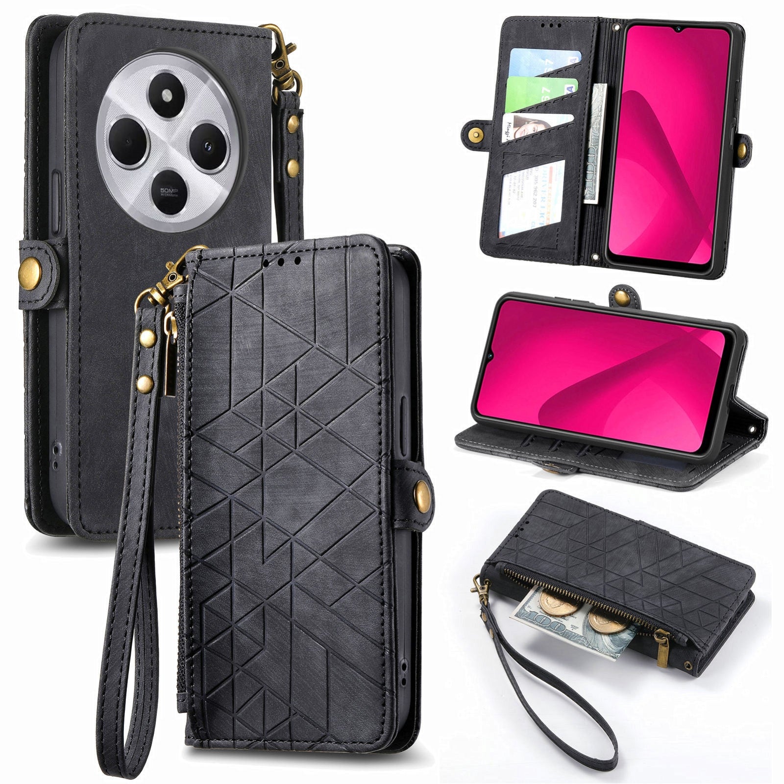 For Xiaomi Redmi 14C Geometric Zipper Wallet Side Buckle Leather Phone Case(Black)