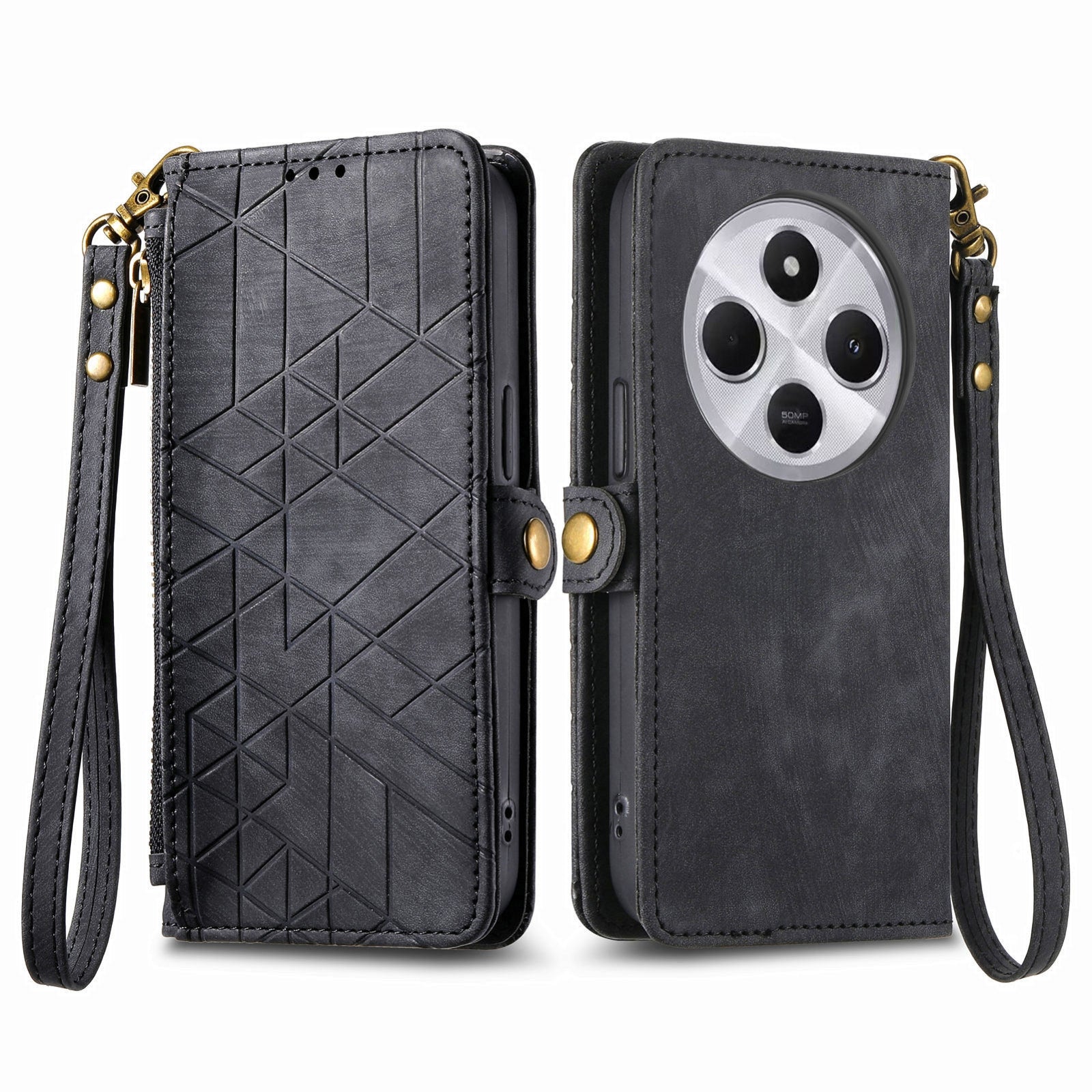 For Xiaomi Redmi 14C Geometric Zipper Wallet Side Buckle Leather Phone Case(Black)