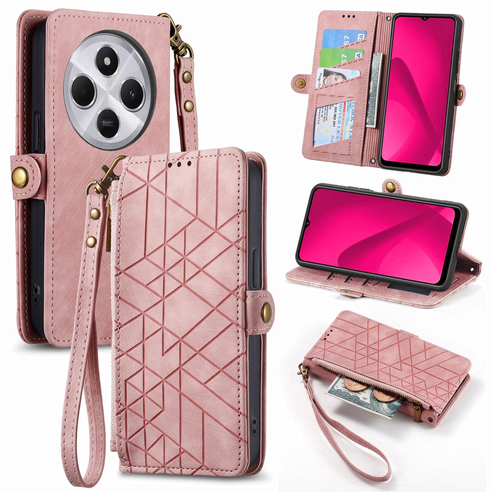 For Xiaomi Redmi 14C Geometric Zipper Wallet Side Buckle Leather Phone Case(Pink)