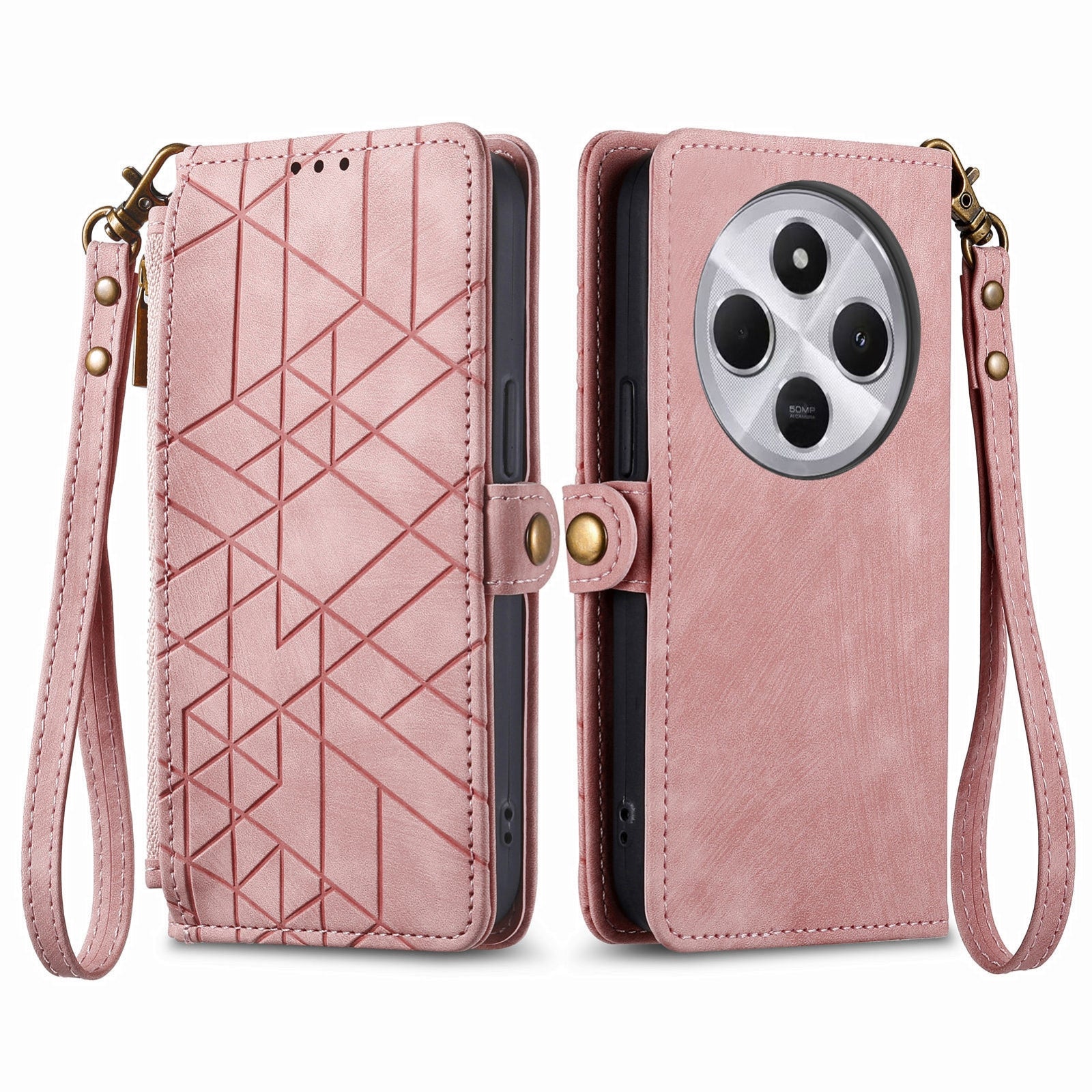 For Xiaomi Redmi 14C Geometric Zipper Wallet Side Buckle Leather Phone Case(Pink)