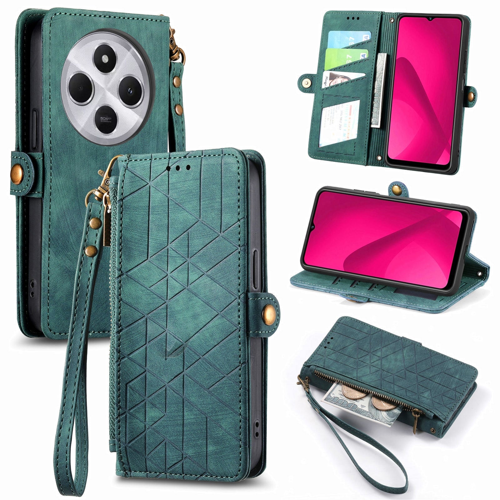 For Xiaomi Redmi 14C Geometric Zipper Wallet Side Buckle Leather Phone Case(Green)