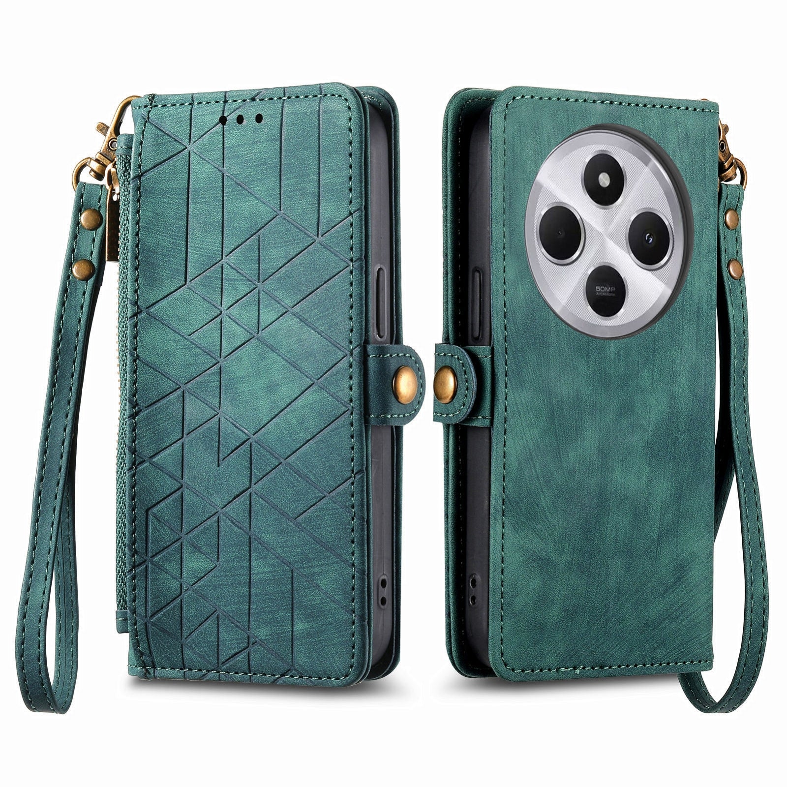 For Xiaomi Redmi 14C Geometric Zipper Wallet Side Buckle Leather Phone Case(Green)