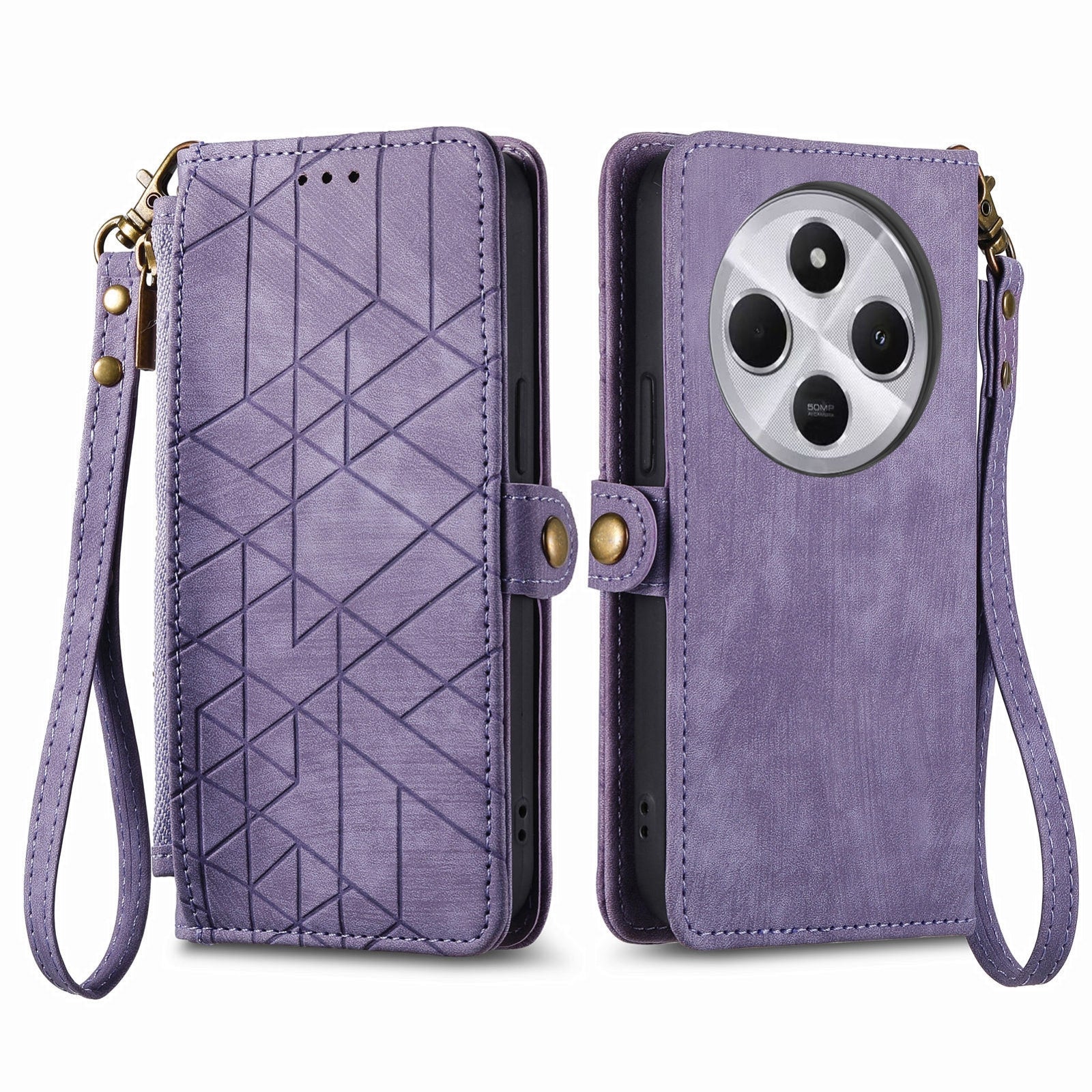 For Xiaomi Redmi 14C Geometric Zipper Wallet Side Buckle Leather Phone Case(Purple)