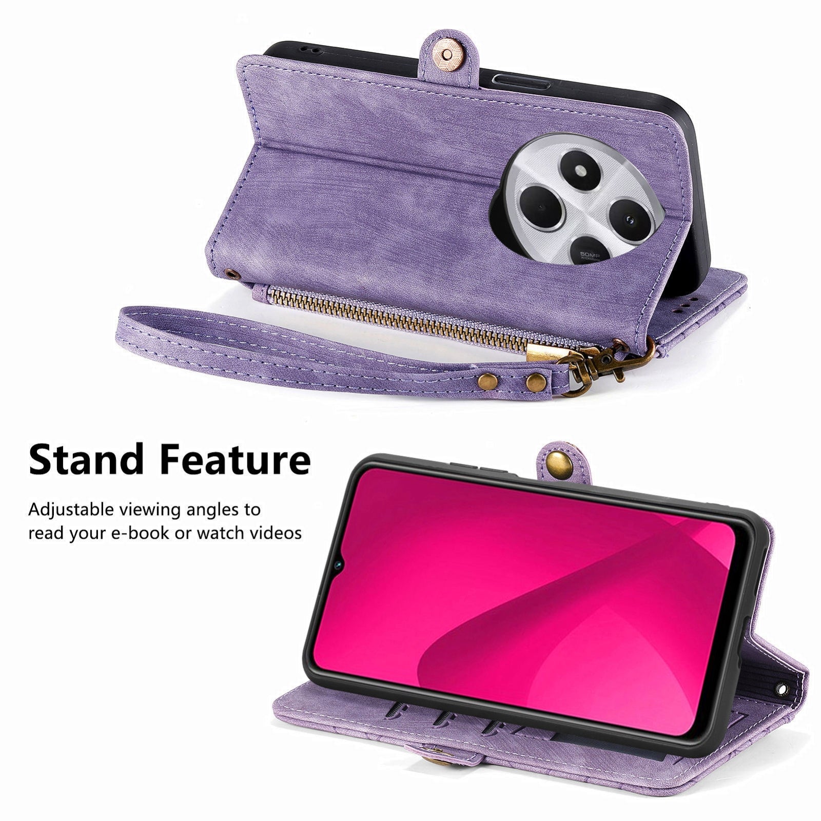 For Xiaomi Redmi 14C Geometric Zipper Wallet Side Buckle Leather Phone Case(Purple)