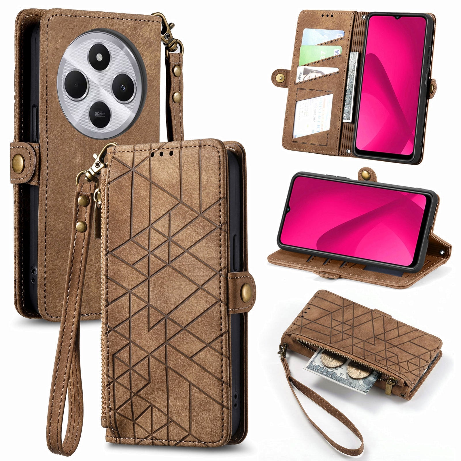 For Xiaomi Redmi 14C Geometric Zipper Wallet Side Buckle Leather Phone Case(Brown)