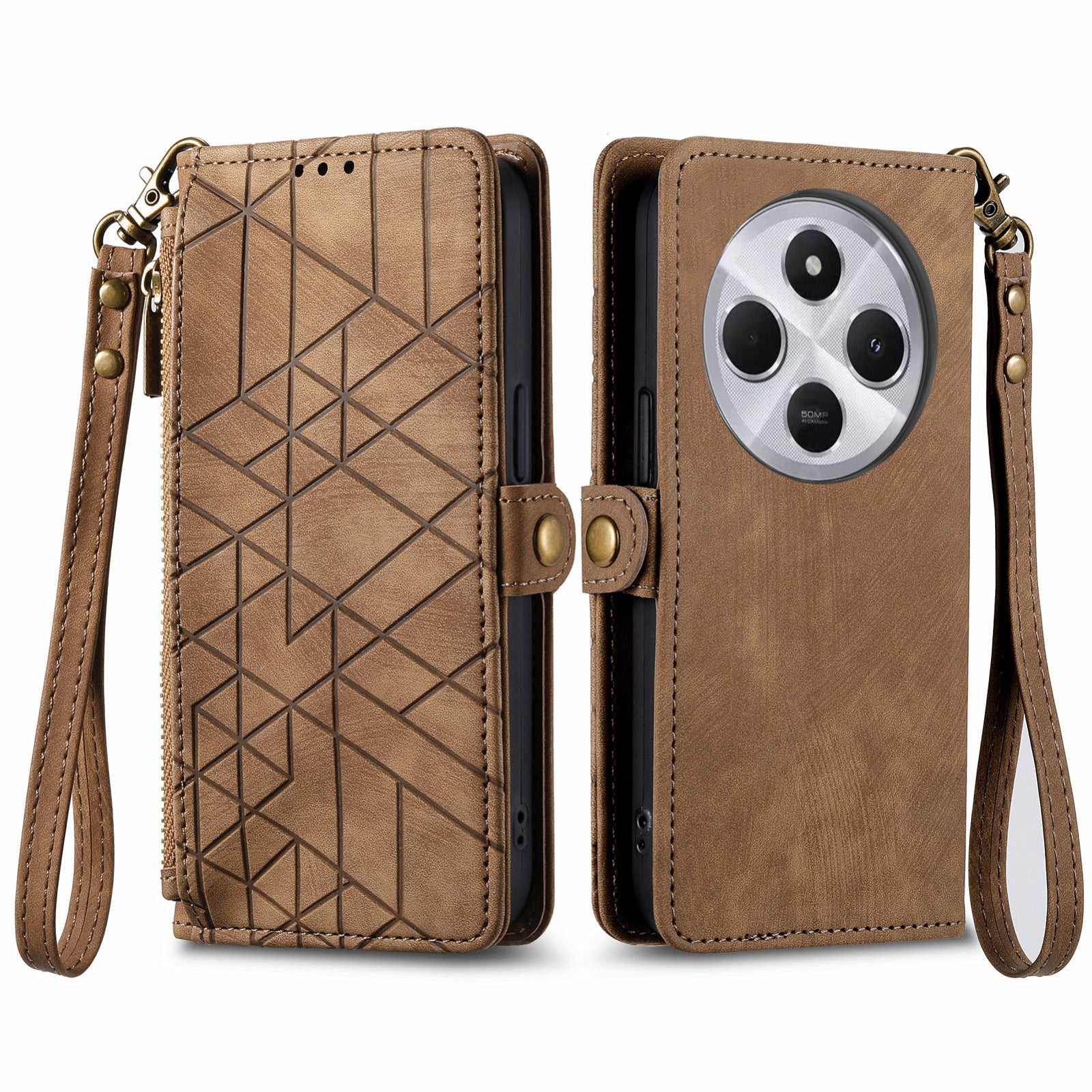 For Xiaomi Redmi 14C Geometric Zipper Wallet Side Buckle Leather Phone Case(Brown)