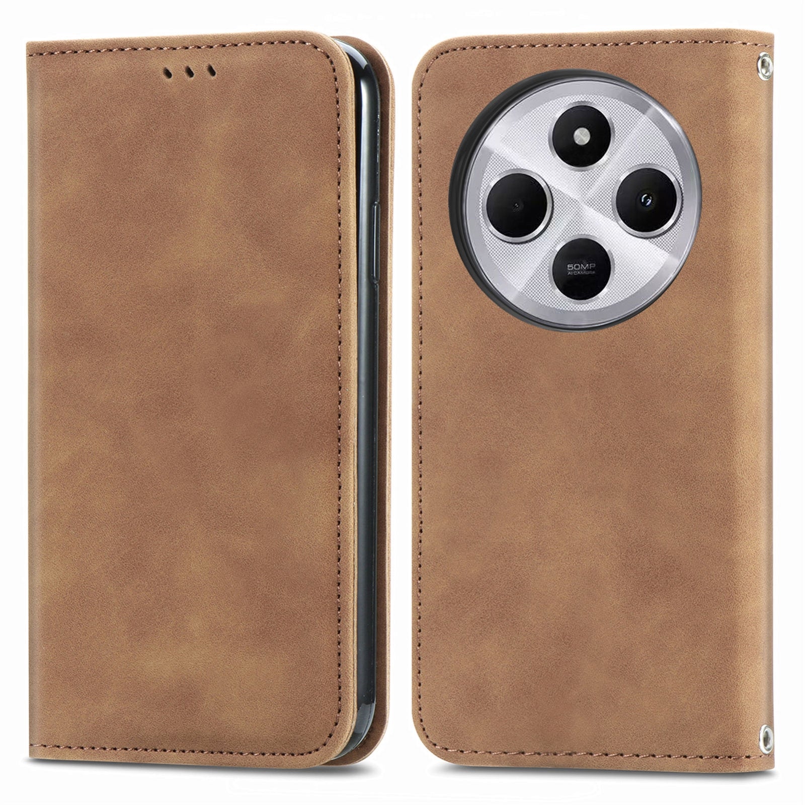 For Xiaomi Redmi 14C Retro Skin Feel Magnetic Flip Leather Phone Case(Brown)