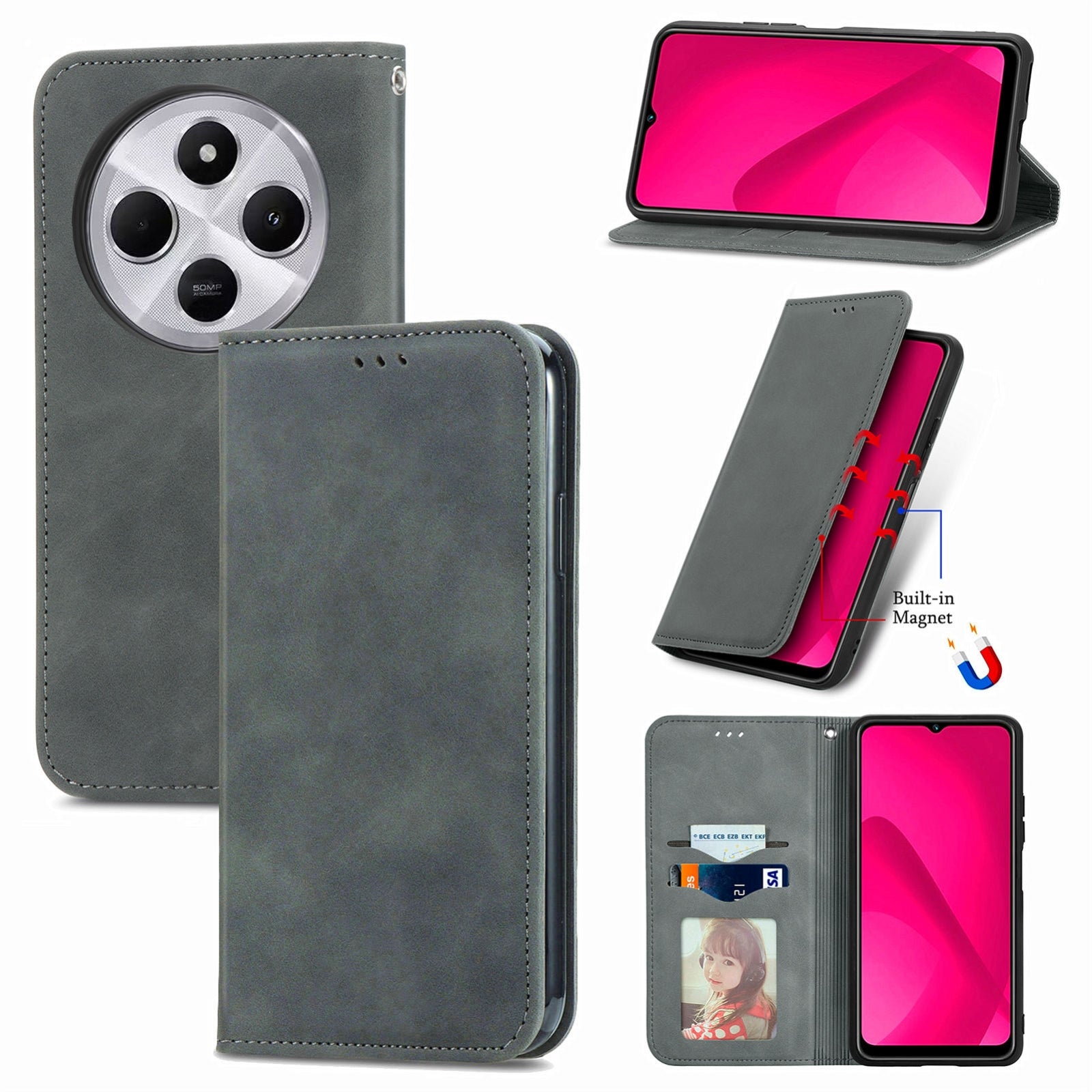 For Xiaomi Redmi 14C Retro Skin Feel Magnetic Flip Leather Phone Case(Grey)