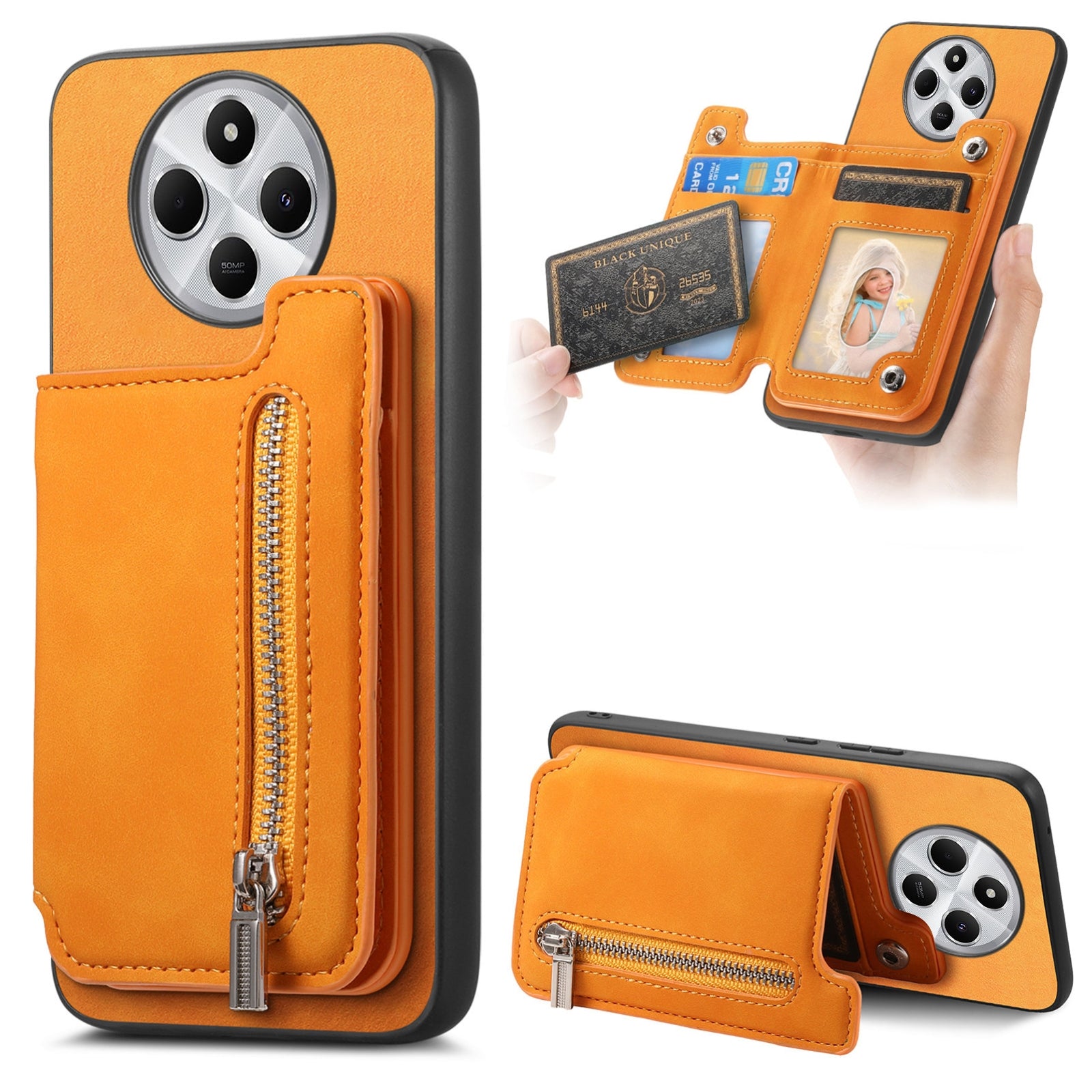 For Redmi 14C 4G Retro MagSafe Zipper Wallet Card Bag Back Phone Case(Yellow)