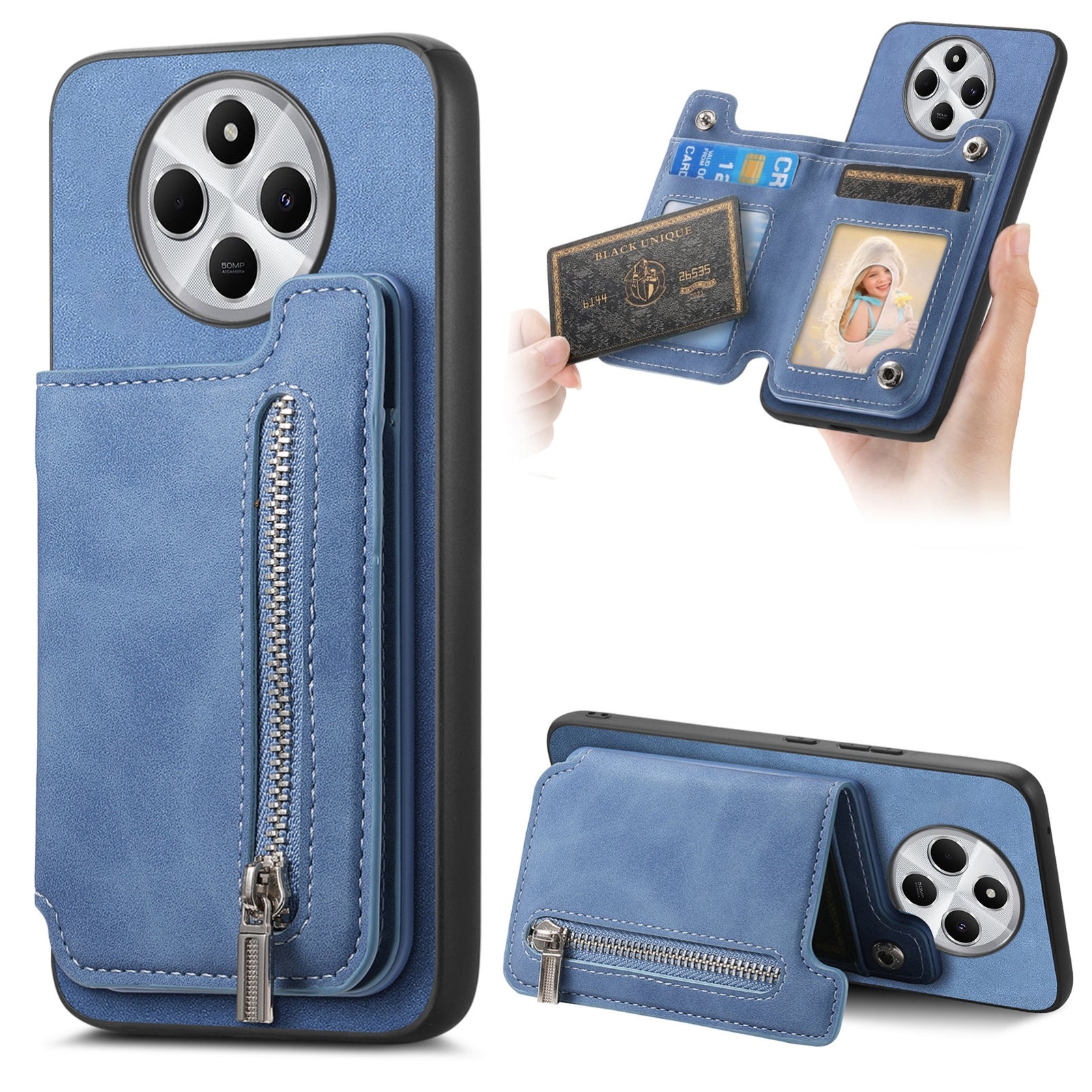 For Redmi 14C 4G Retro MagSafe Zipper Wallet Card Bag Back Phone Case(Blue)