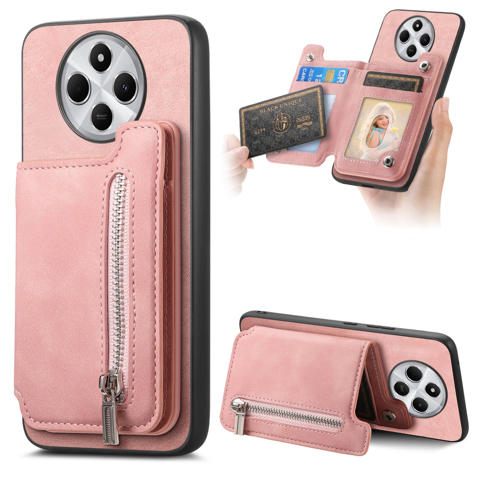 For Redmi 14C 4G Retro MagSafe Zipper Wallet Card Bag Back Phone Case(Pink)