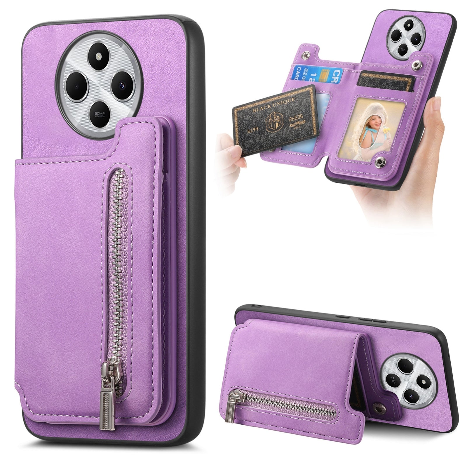 For Redmi 14C 4G Retro MagSafe Zipper Wallet Card Bag Back Phone Case(Purple)