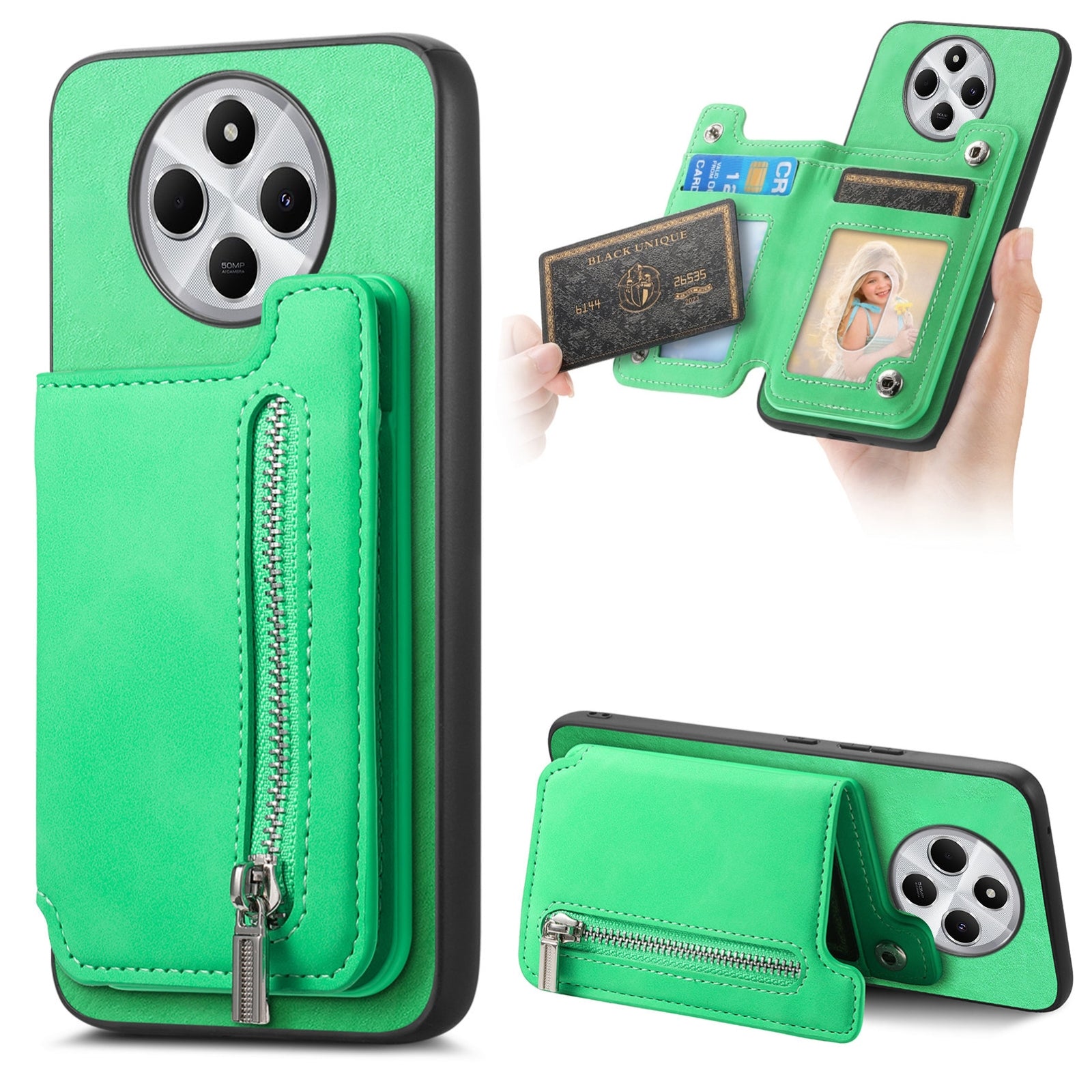 For Redmi 14C 4G Retro MagSafe Zipper Wallet Card Bag Back Phone Case(Green)