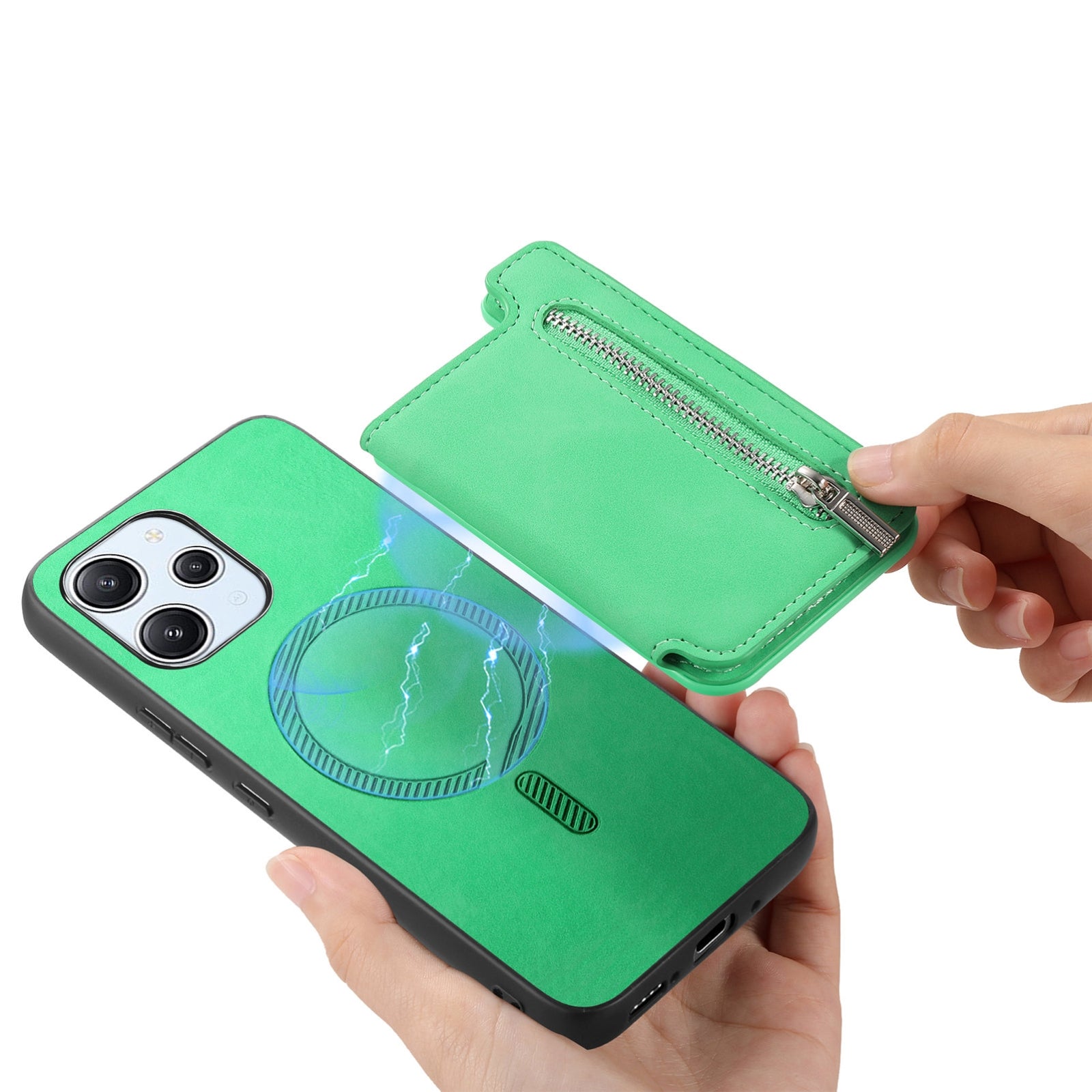 For Redmi 14C 4G Retro MagSafe Zipper Wallet Card Bag Back Phone Case(Green)