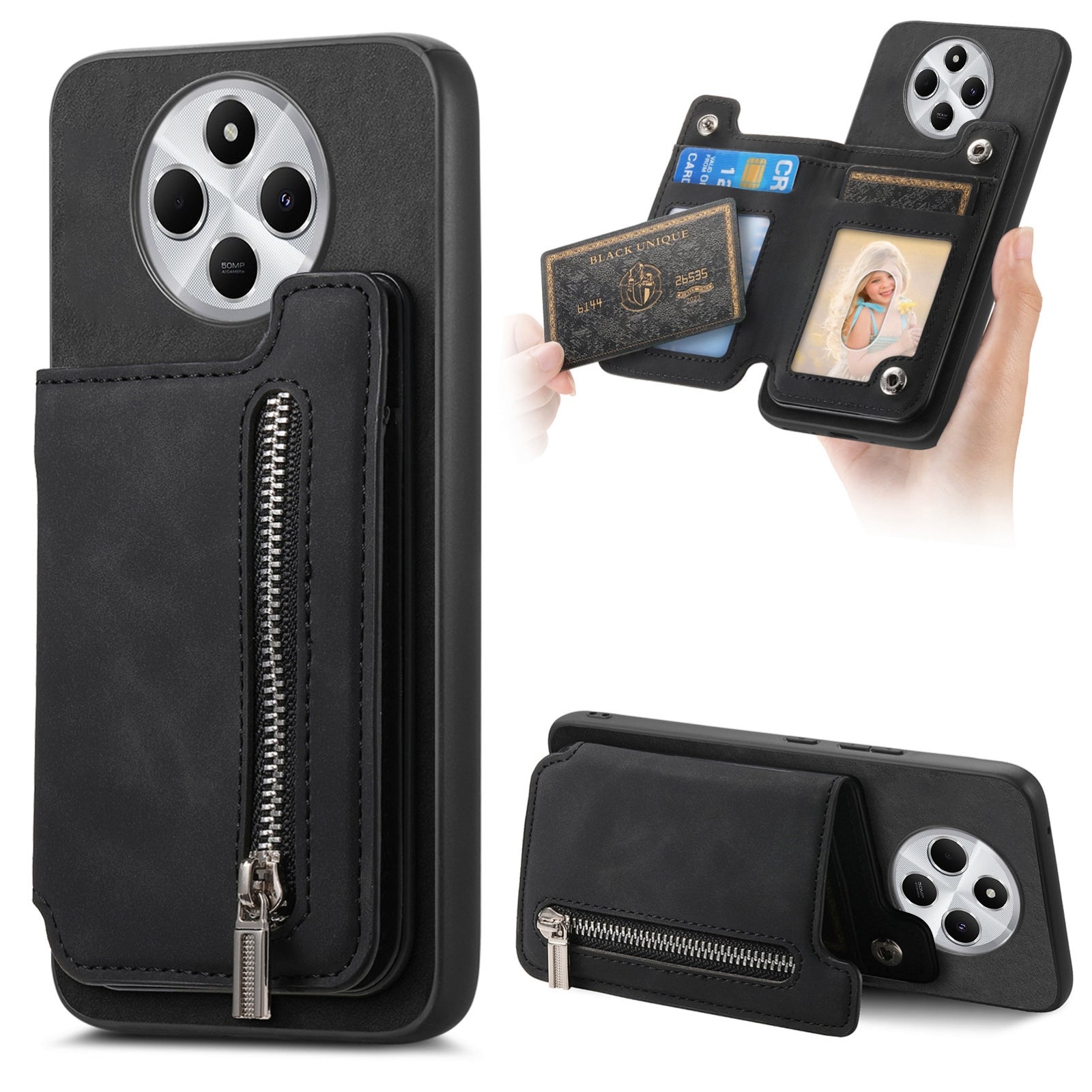 For Redmi 14C 4G Retro MagSafe Zipper Wallet Card Bag Back Phone Case(Black)