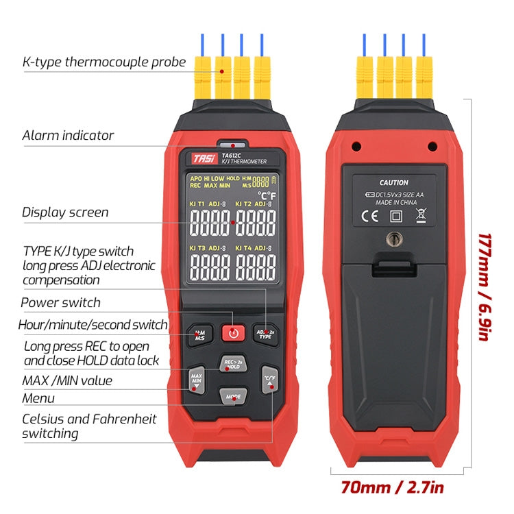 TASI Contact Temperature Meter K-Type Thermocouple Probe Thermometer, Style: TA612C 4 Channels