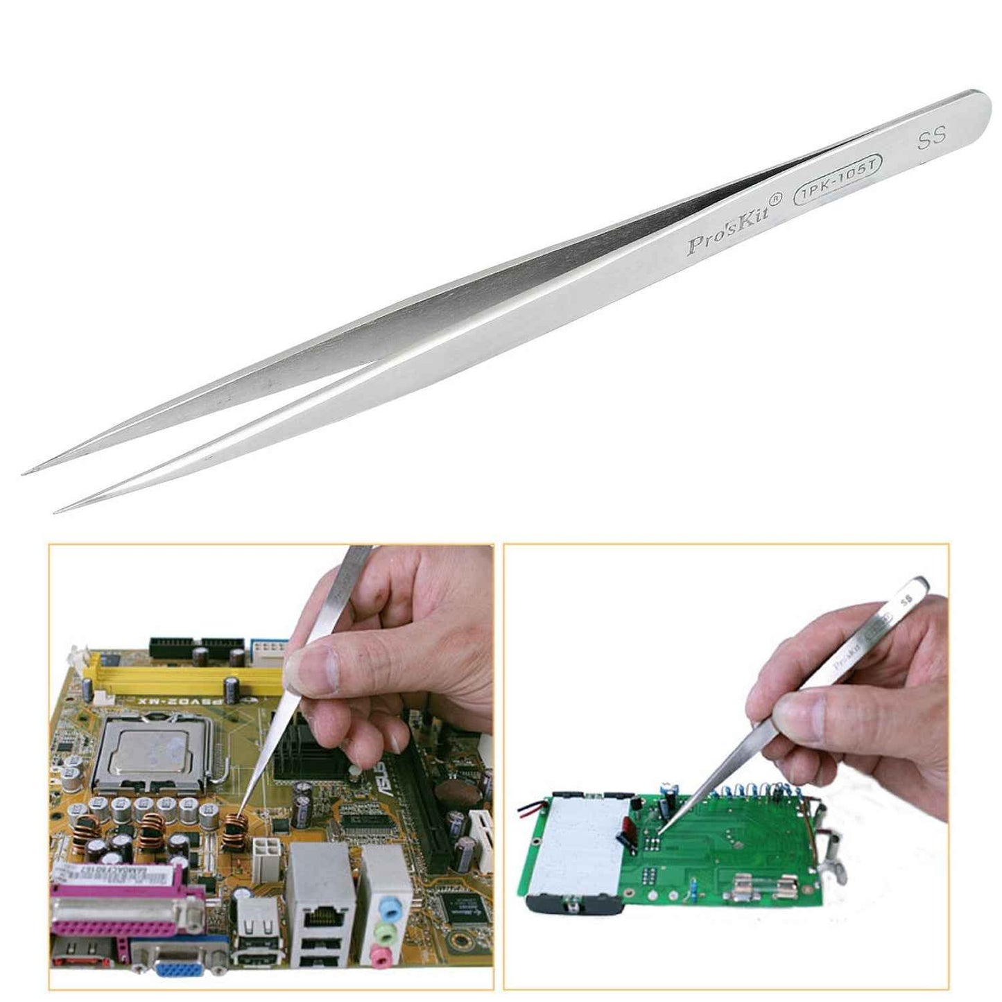 1PK-105T Stainless Steel Anti-magnetic Tweezer Precision Straight Pointed Pincette 140mm