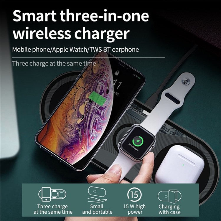 X399 15W Fast Charging 3-in-1 Wireless Charger Mobile Phone Watch BT Earphone Charging Stand